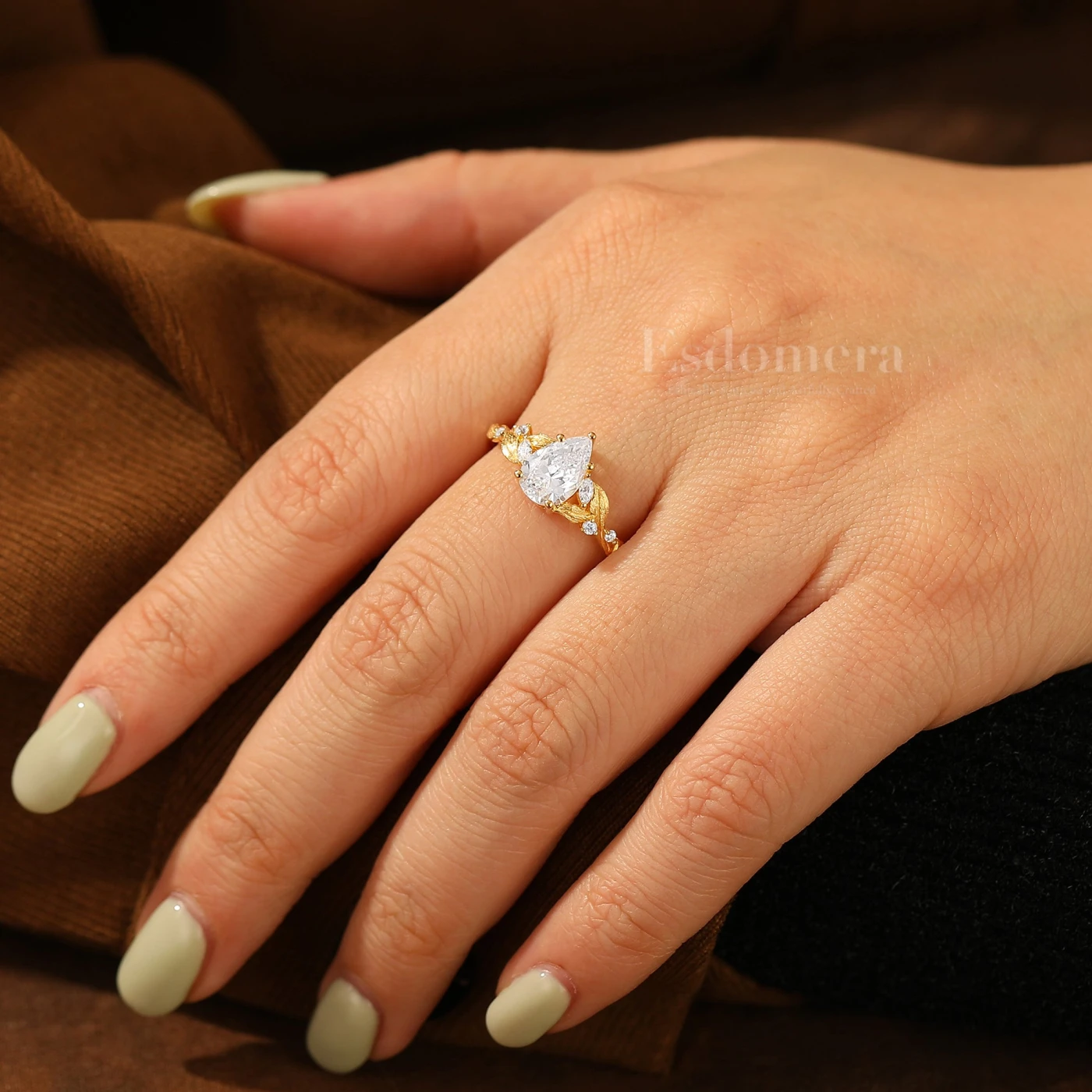 Pear Shape Moissanite Leaf Style Women Fine Ring Natural Inspired Solid Gold Engagement Ring - view 8