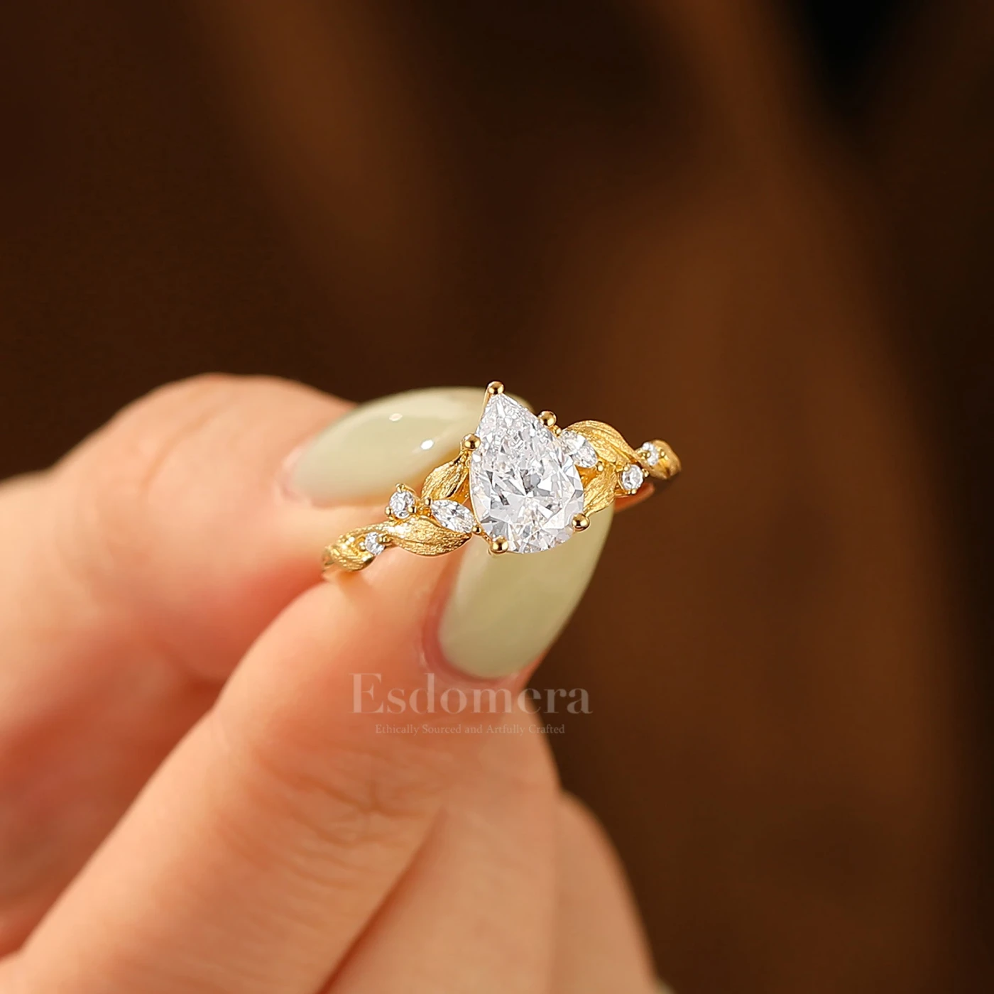 Pear Shape Moissanite Leaf Style Women Fine Ring Natural Inspired Solid Gold Engagement Ring - view 3