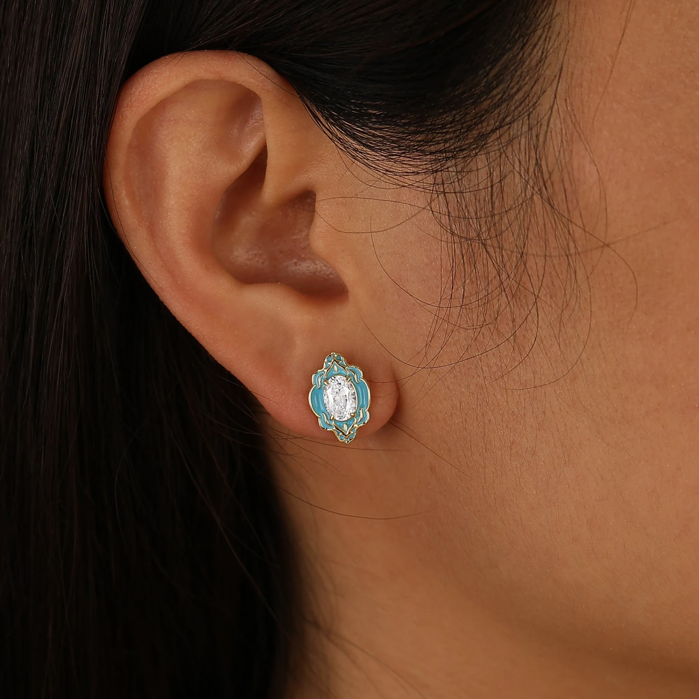 Sky Blue Enamel Floral Stud Earrings Elegant Oval Cut Moissanite