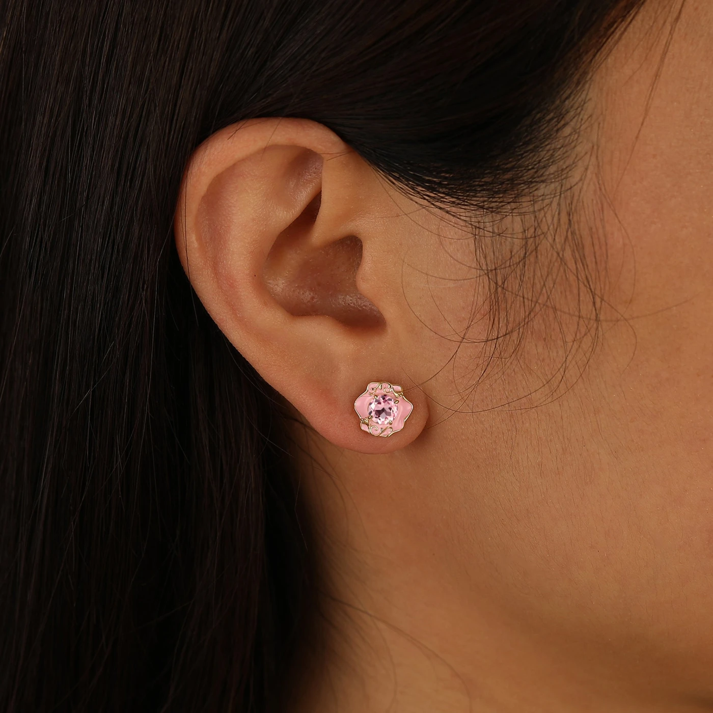 Floral Enamel Pink Stud Earrings Sterling Silver Earrings 14K Gold Earrings