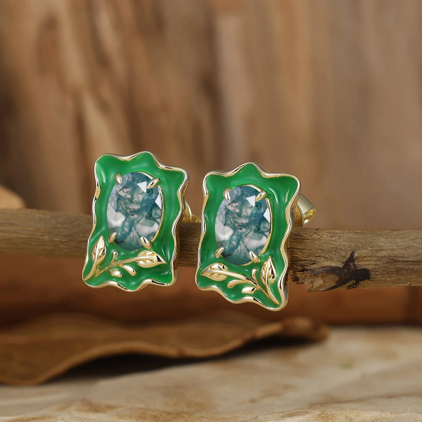 Unique Irregular Enamel Earrings Oval Cut Moss Agate Stud Earrings For Women - view 3