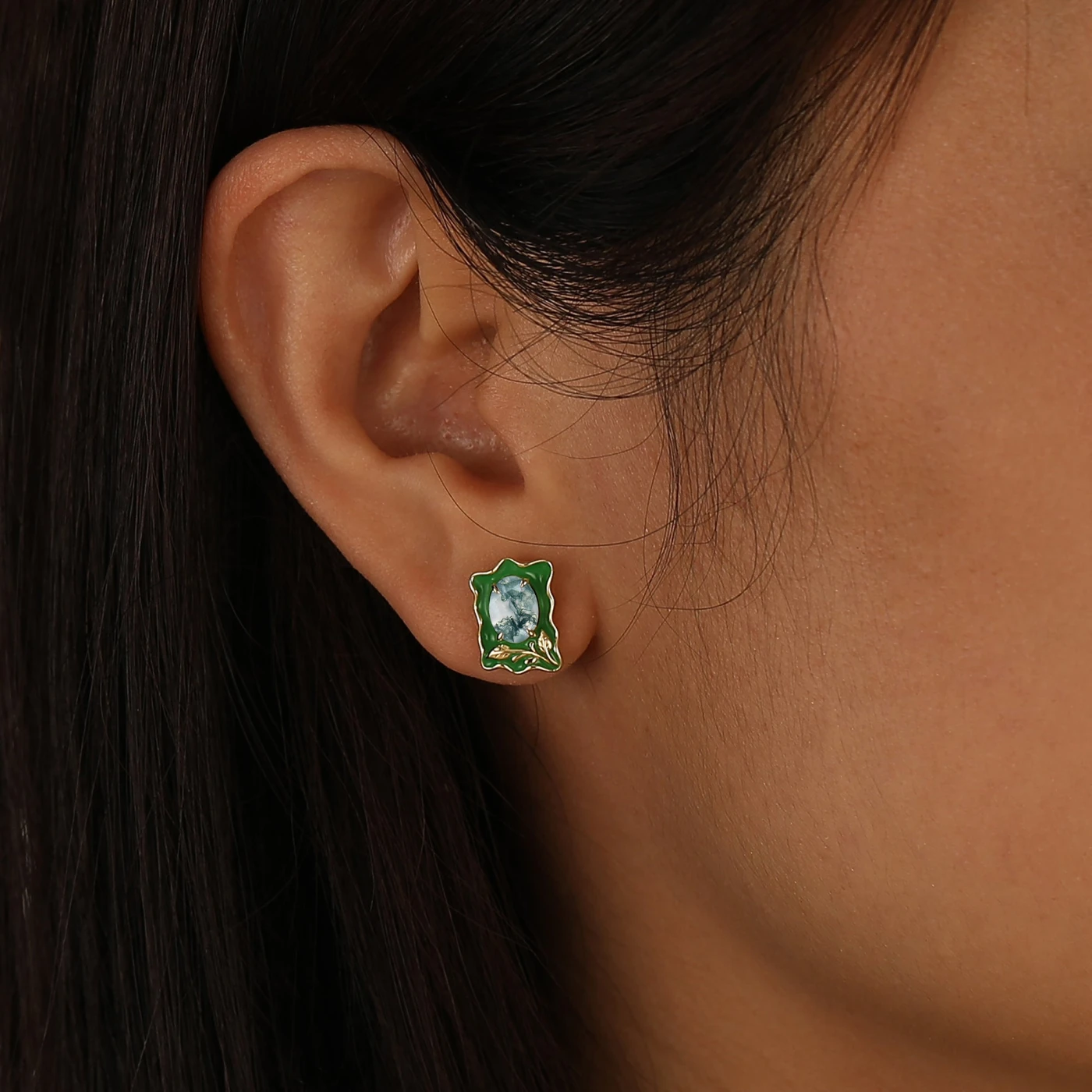 Unique Irregular Enamel Earrings Oval Cut Moss Agate Stud Earrings For Women - view 2