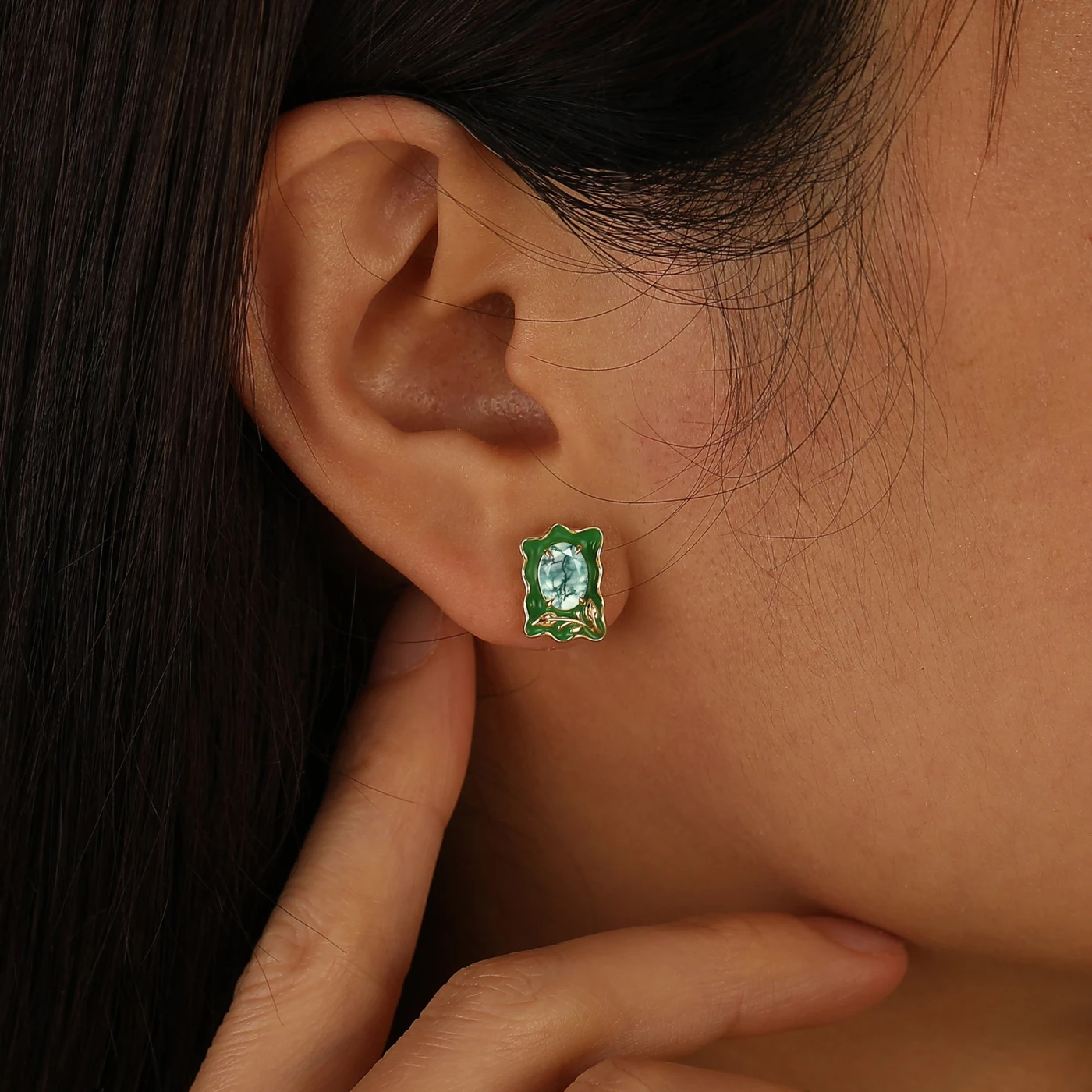 Unique Irregular Enamel Earrings Oval Cut Moss Agate Stud Earrings For Women - view 7