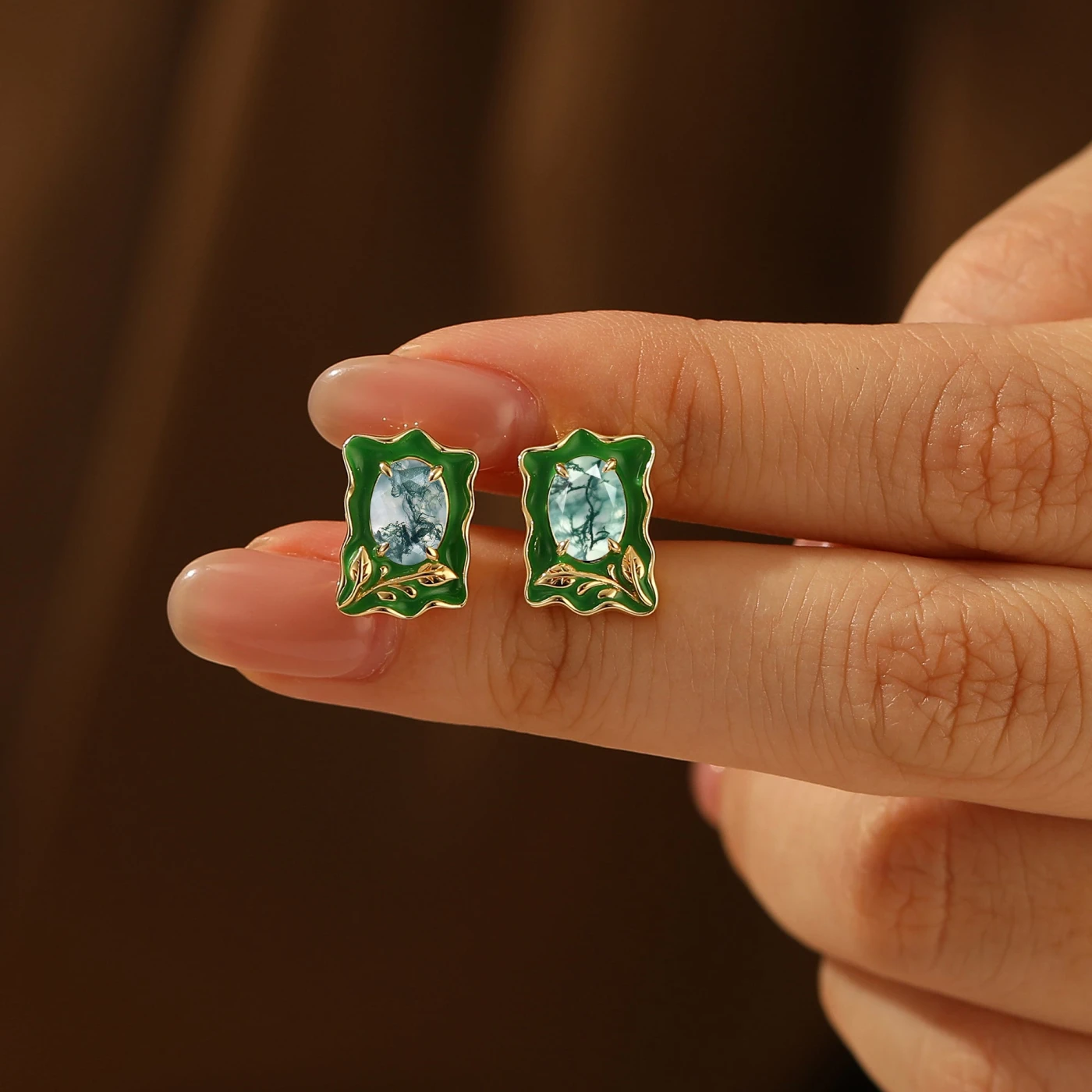 Unique Irregular Enamel Earrings Oval Cut Moss Agate Stud Earrings For Women - view 5