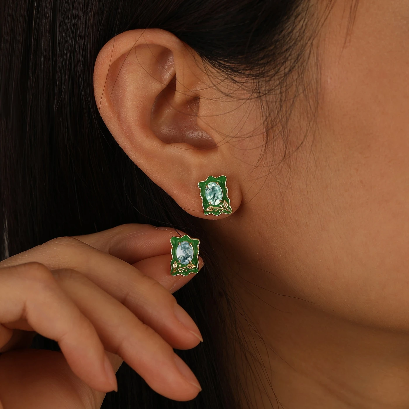 Unique Irregular Enamel Earrings Oval Cut Moss Agate Stud Earrings For Women - view 4