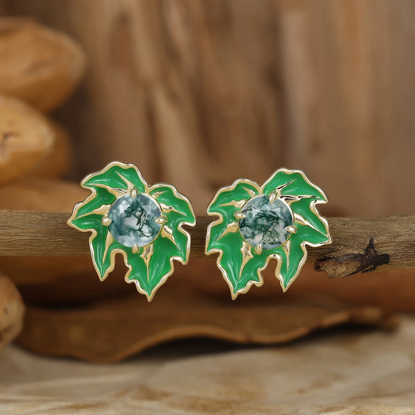 Green Leaf Design Round Earrings Handmade Enamel Coated Stud Earrings