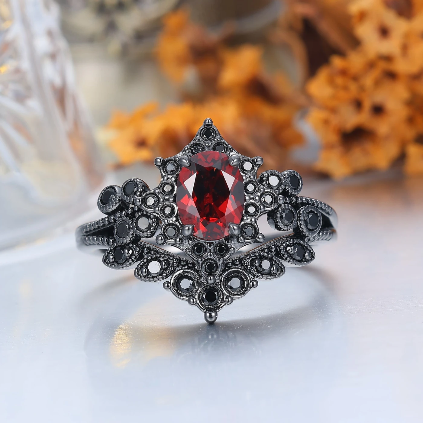 Vintage Floral Milgrained Red Garnet Engagement Ring Gothic
