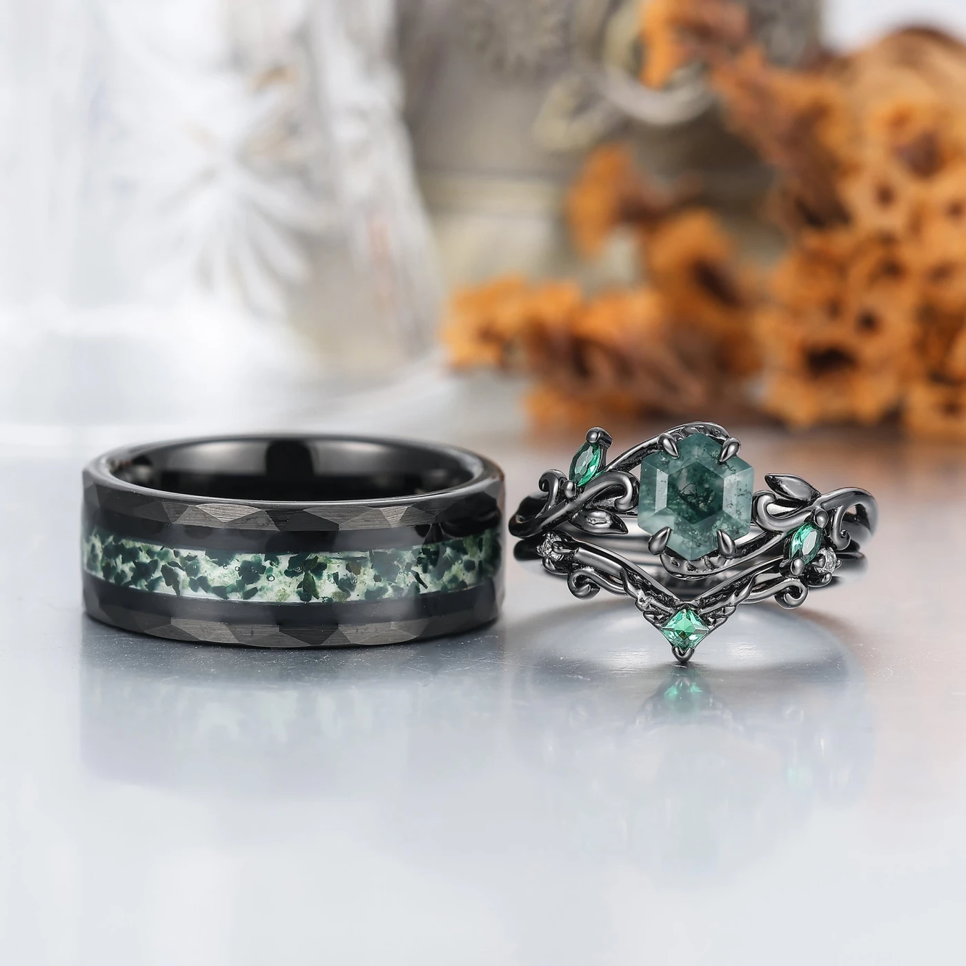 Vine Leaf Style Moss Agate Couple Ring Set S925 And Tungsten Green