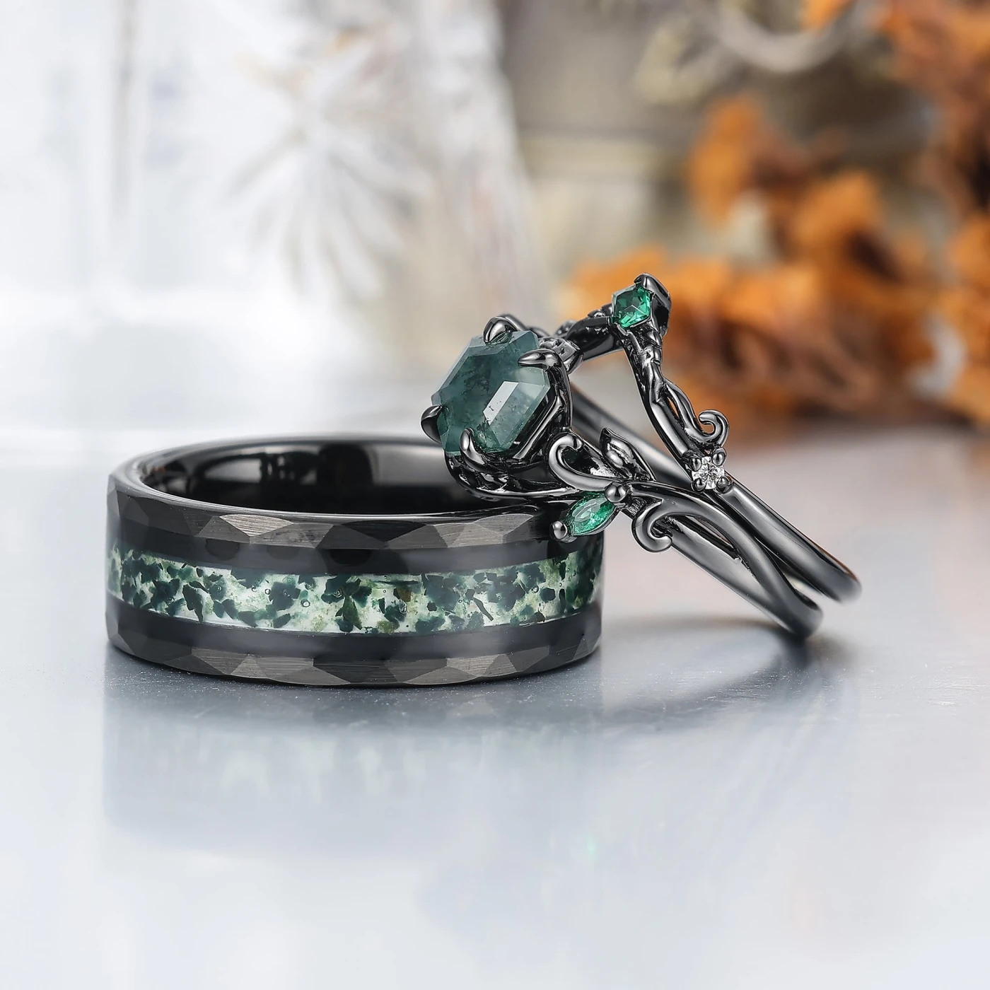 Vine Leaf Style Moss Agate Couple Ring Set S925 And Tungsten Green His And Hers Rings - view 3