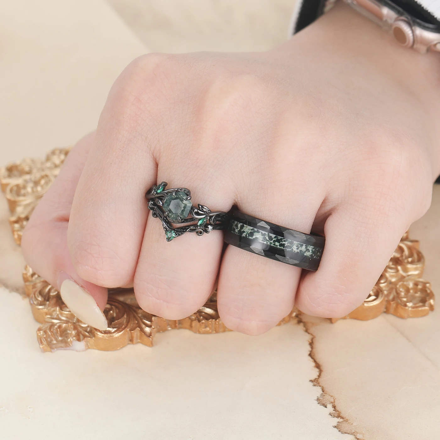 Vine Leaf Style Moss Agate Couple Ring Set S925 And Tungsten Green His And Hers Rings - view 4