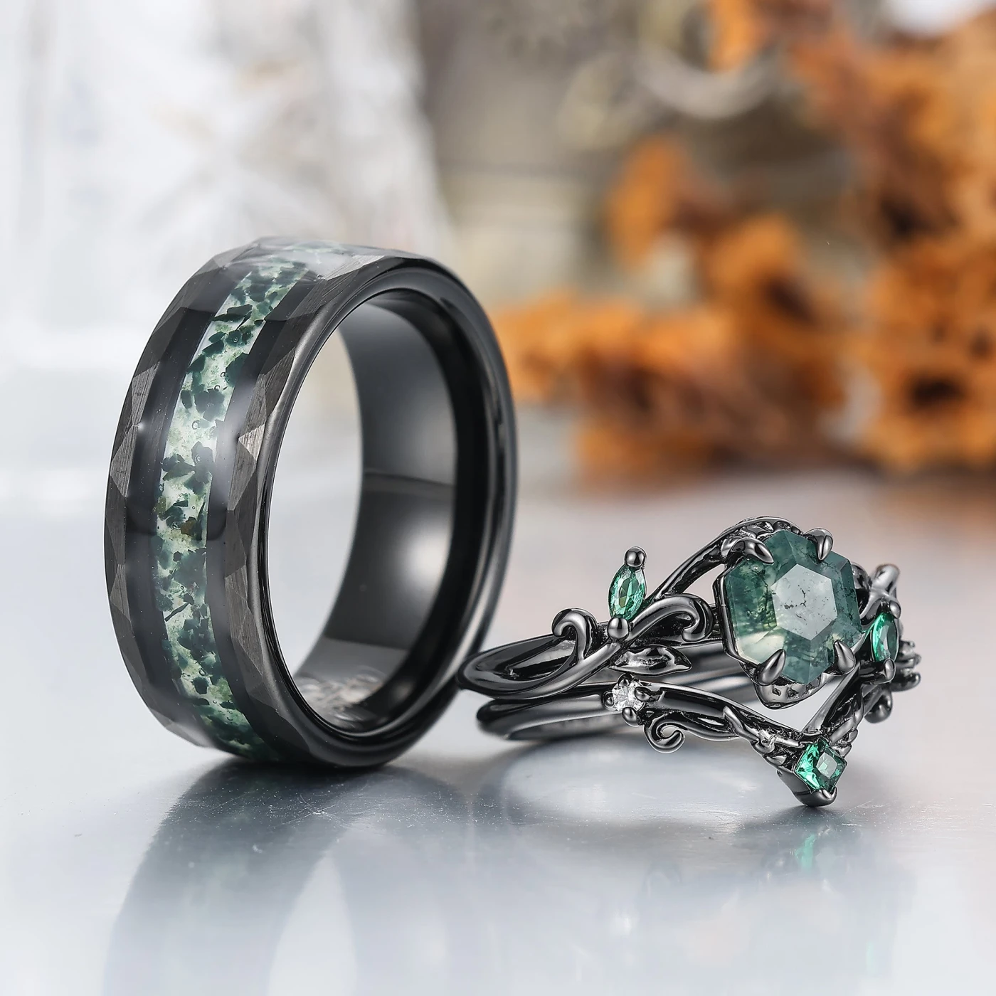 Vine Leaf Style Moss Agate Couple Ring Set S925 And Tungsten Green His And Hers Rings - view 2