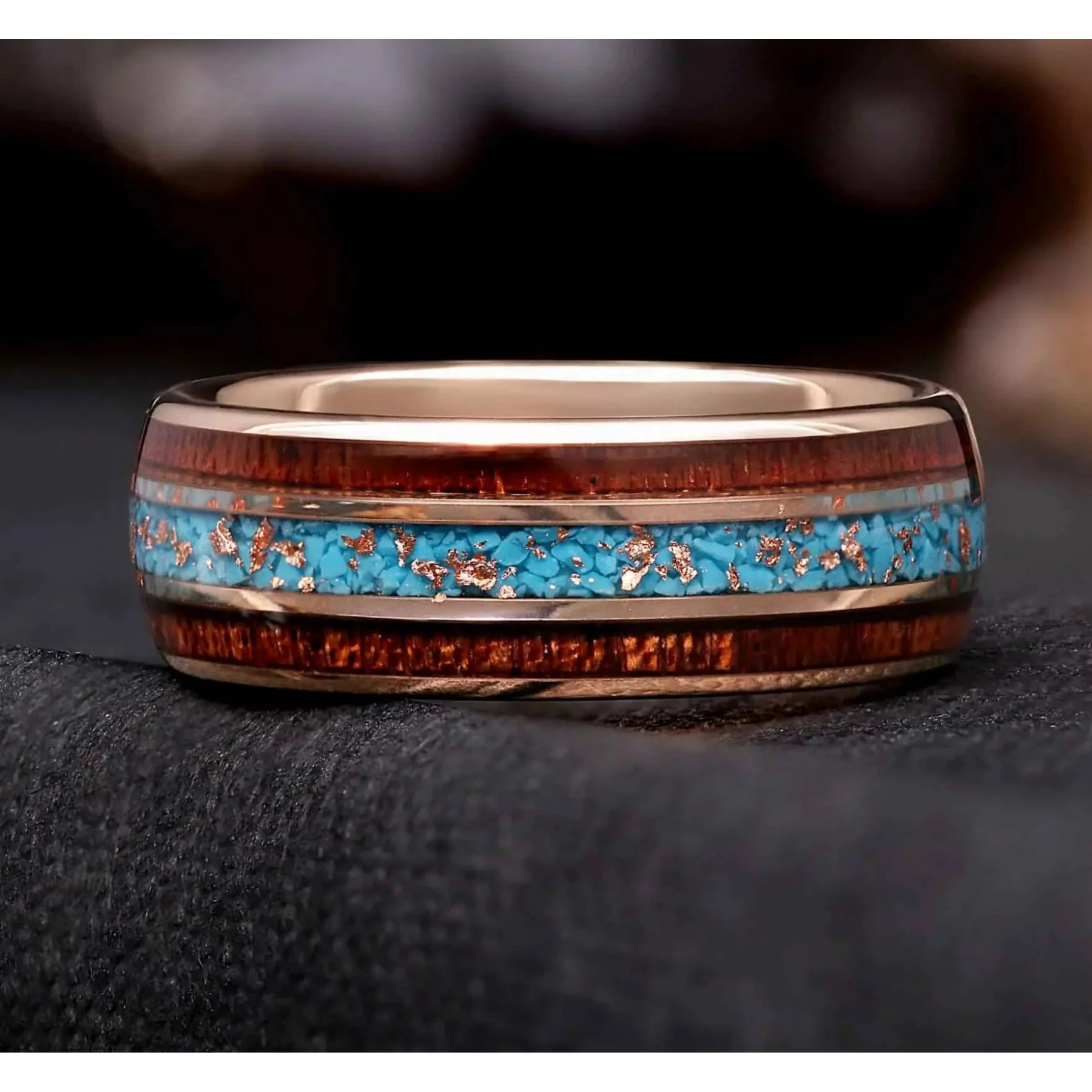 Mens Turquoise & Koa Wood Ring | Rose Gold 8mm Tungsten Wedding Band