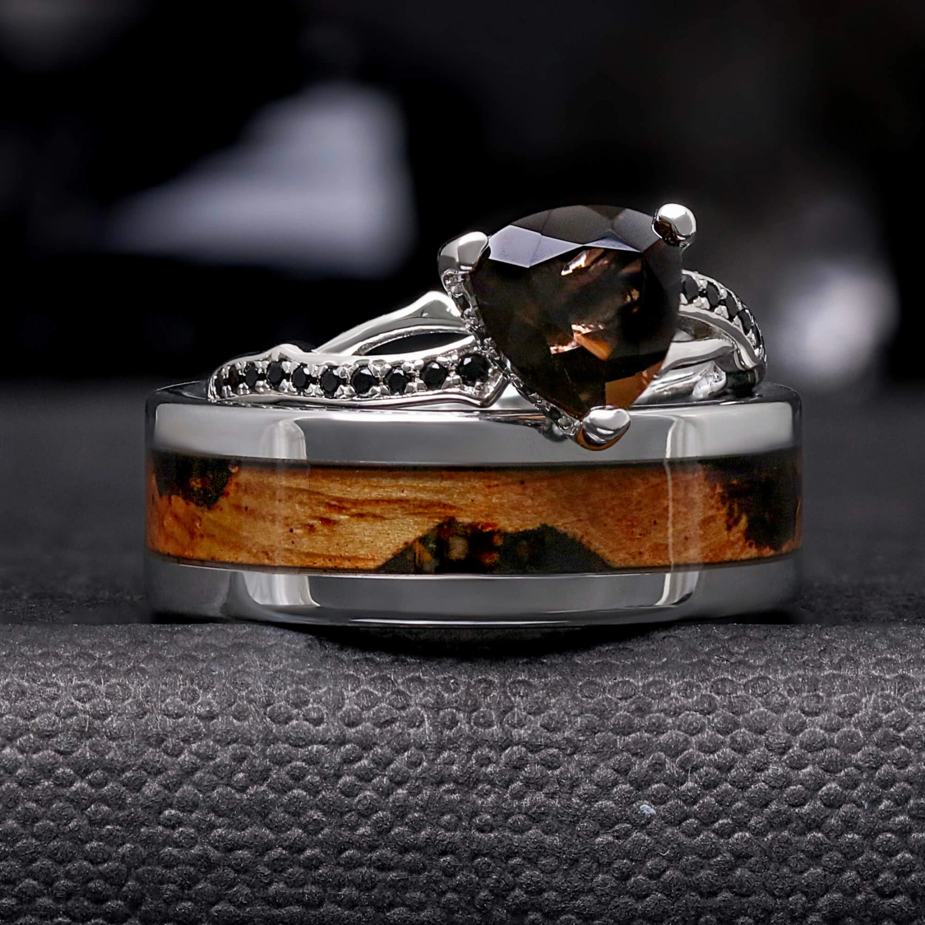 Smoky Quartz & Whiskey Barrel Couples Ring Set | Tungsten and Sterling Silver