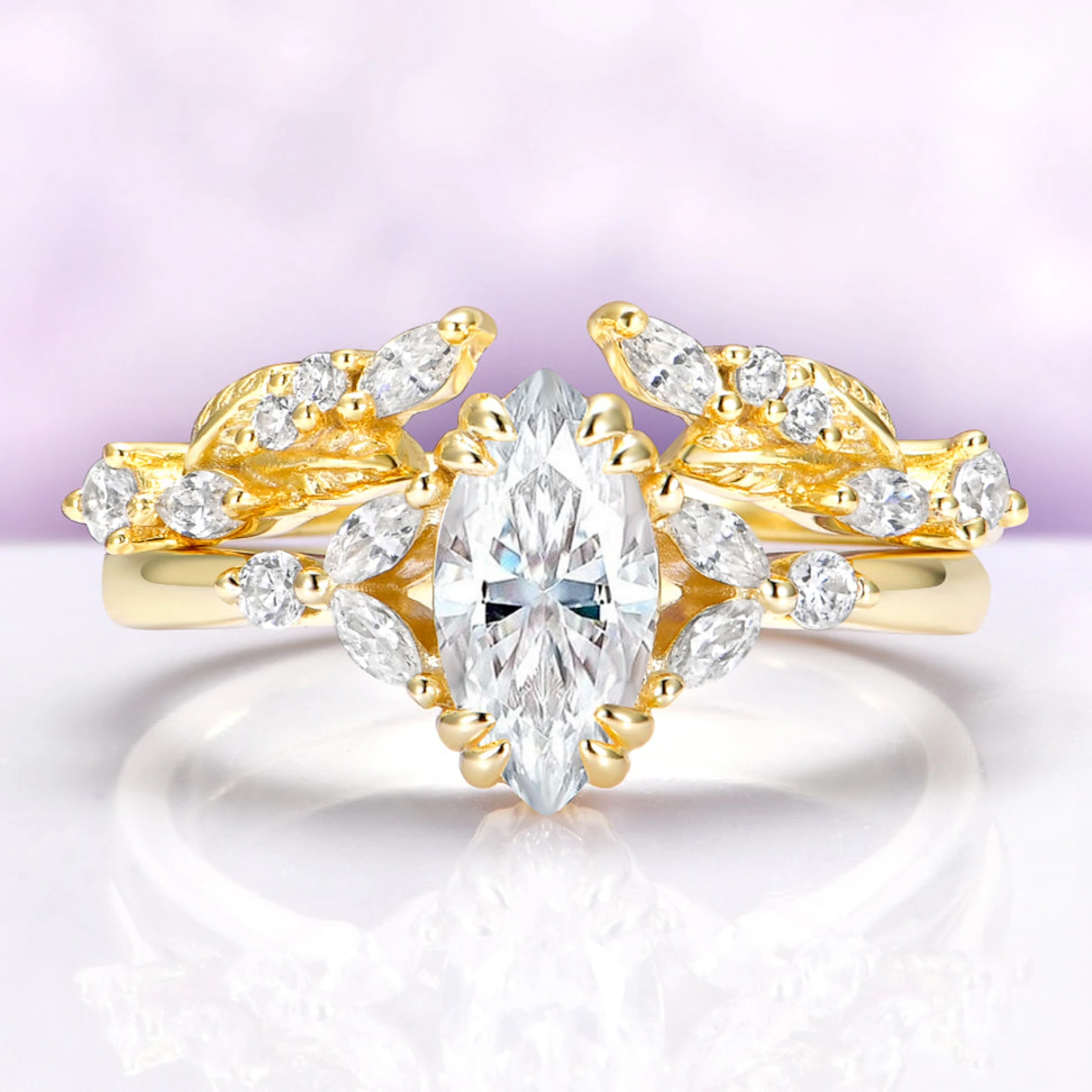 Marquise Lab Diamond Leaf Engagement Ring Set Solid 14K Yellow Gold (IGI Certified) - view 1