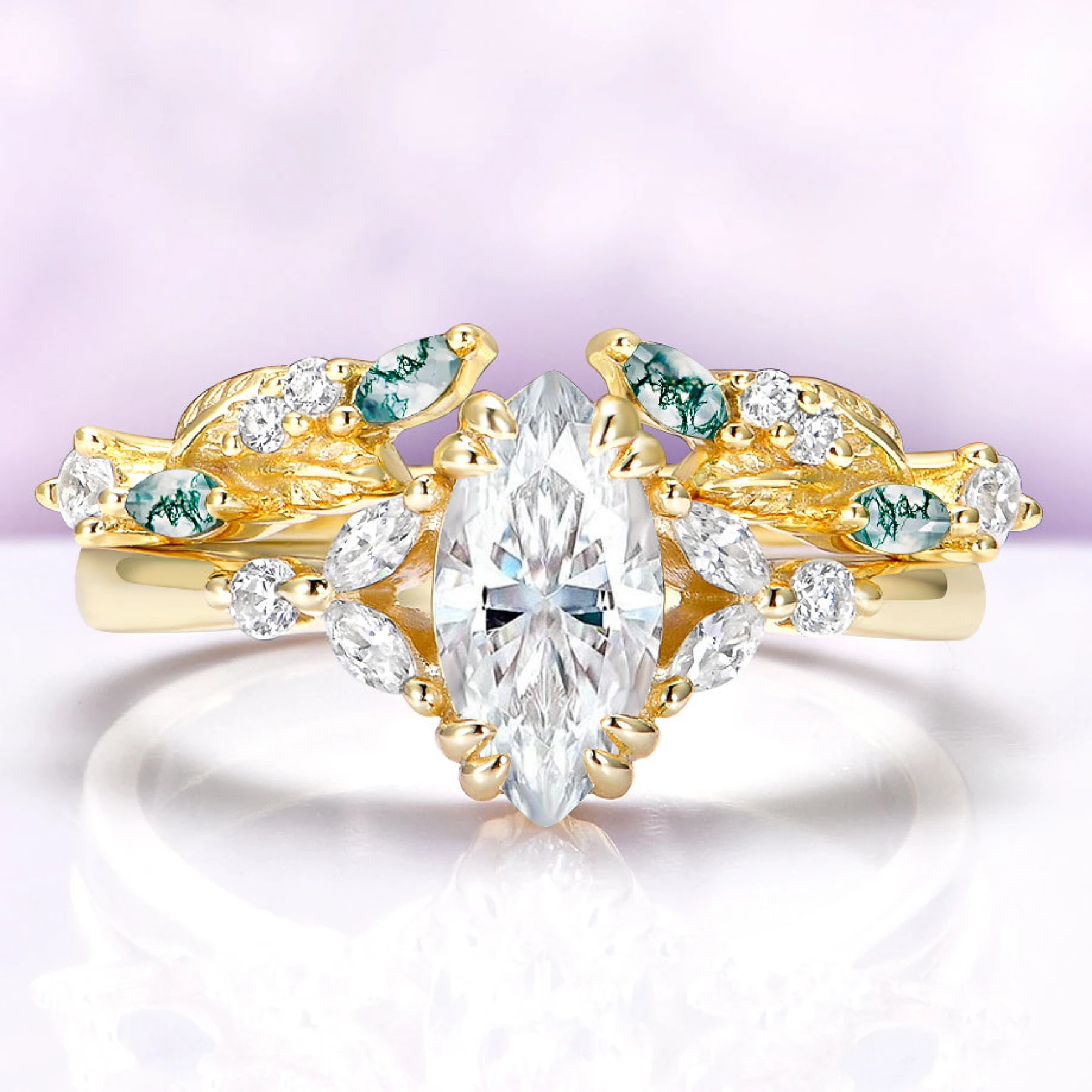 Marquise Moissanite & Moss Agate Leaf Bridal Ring Set in Solid 14K Yellow Gold - view 1