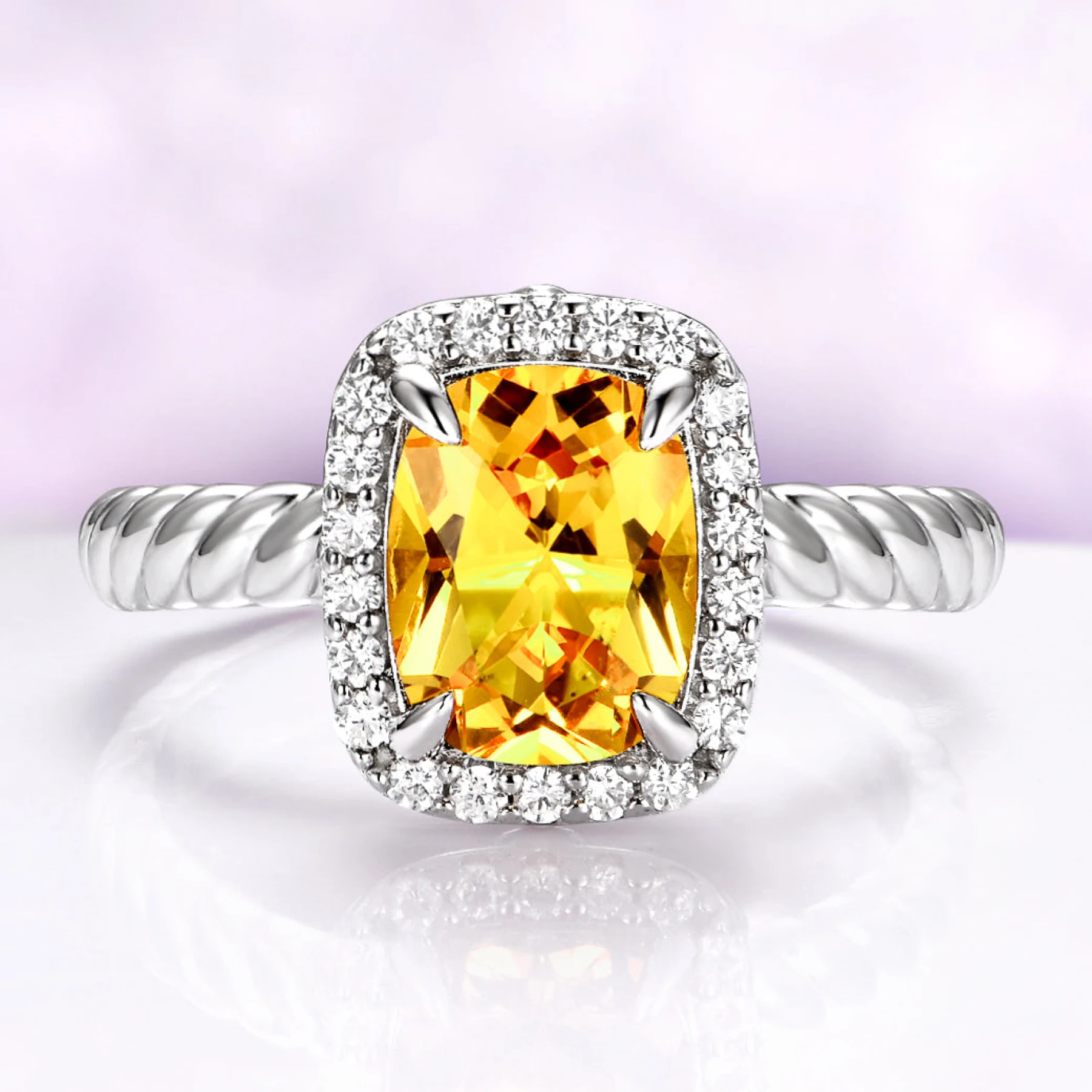 Elongated Cushion Yellow Sapphire Engagement Ring in Sterling Silver