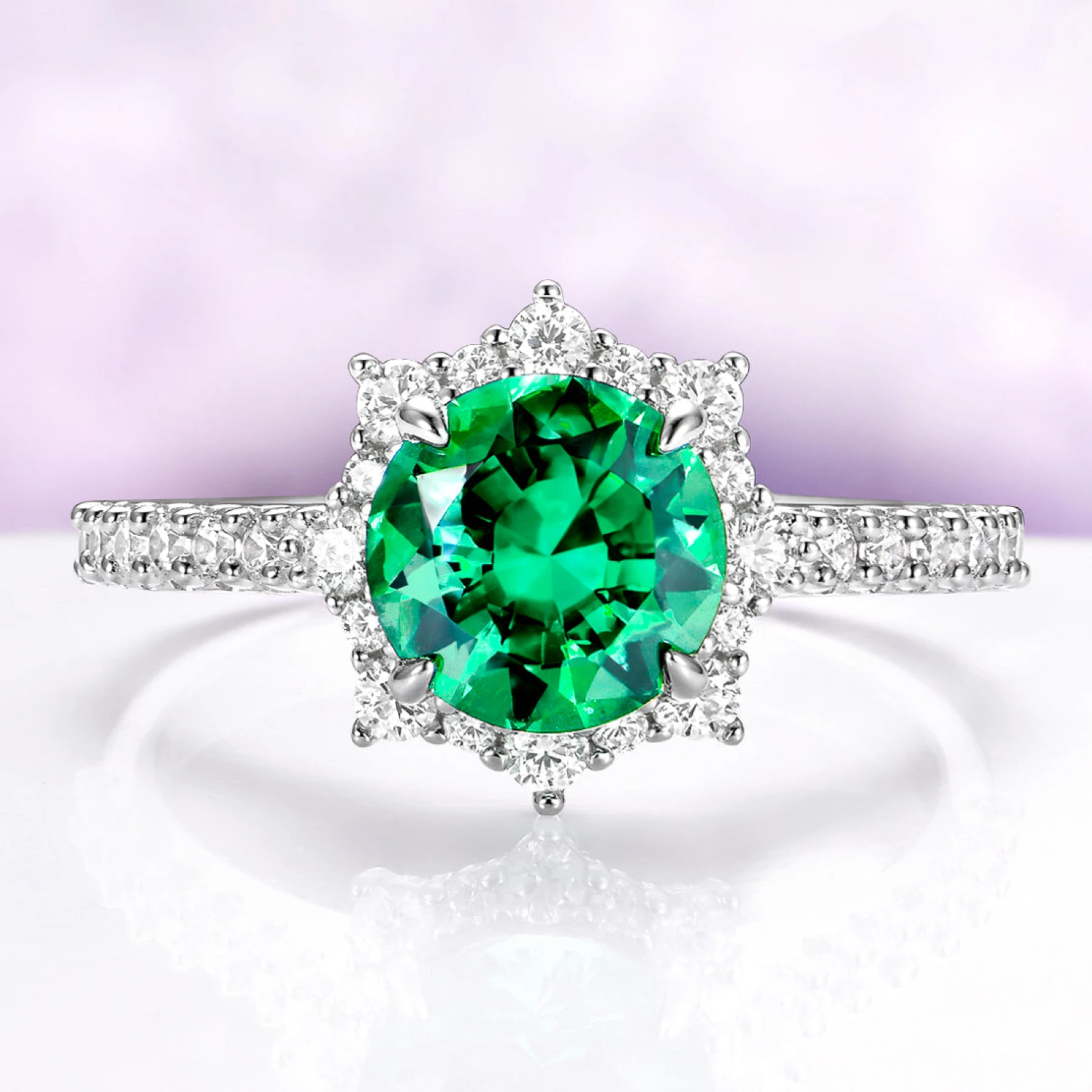Aster Round Emerald Ring in Sterling Silver