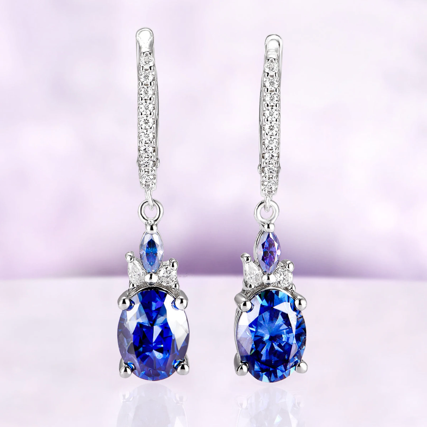Midnight Blue Moissanite Drop Earrings in Sterling Silver