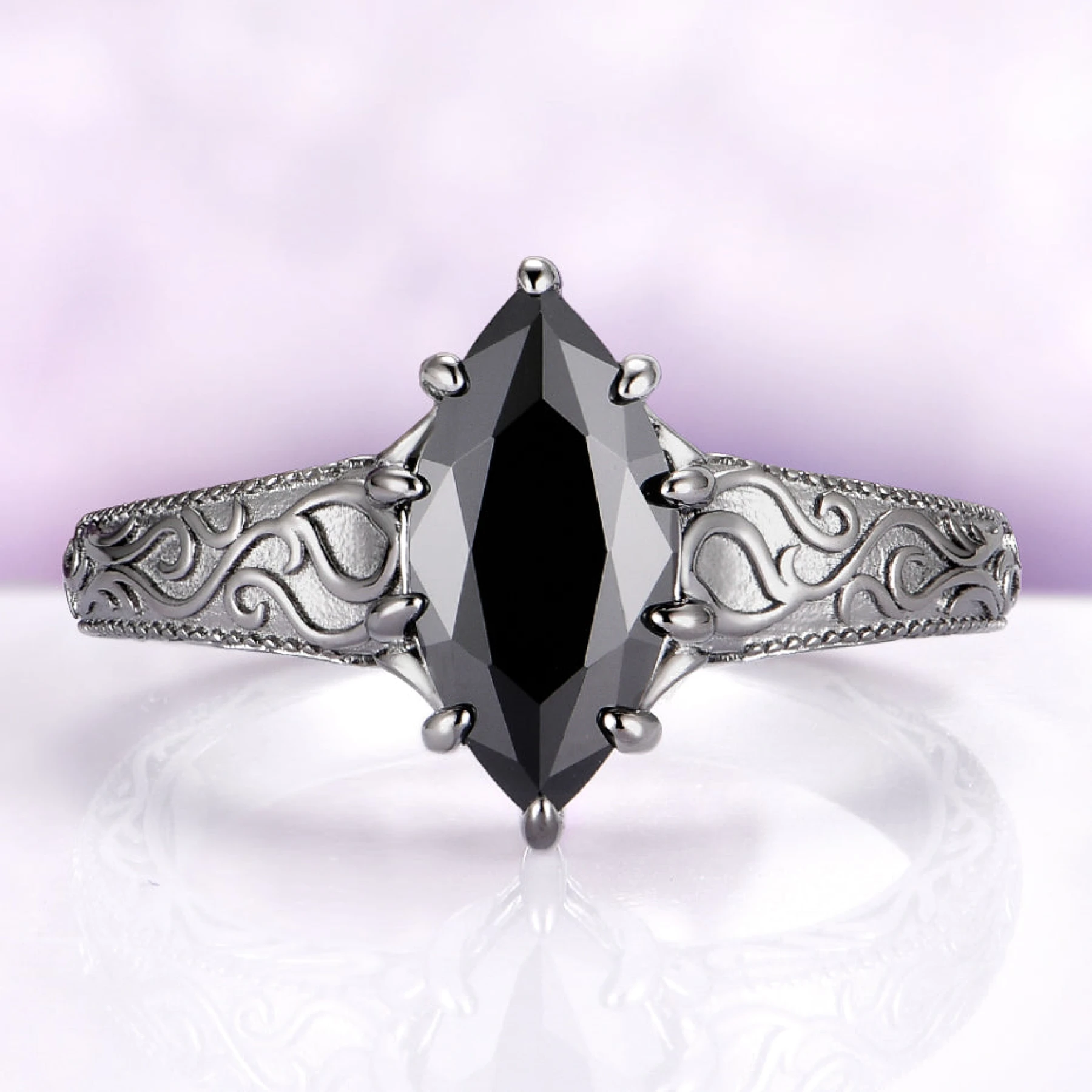 Victorian Gothic Scrollwork Black Onyx Ring in Black Ruthenium - view 1