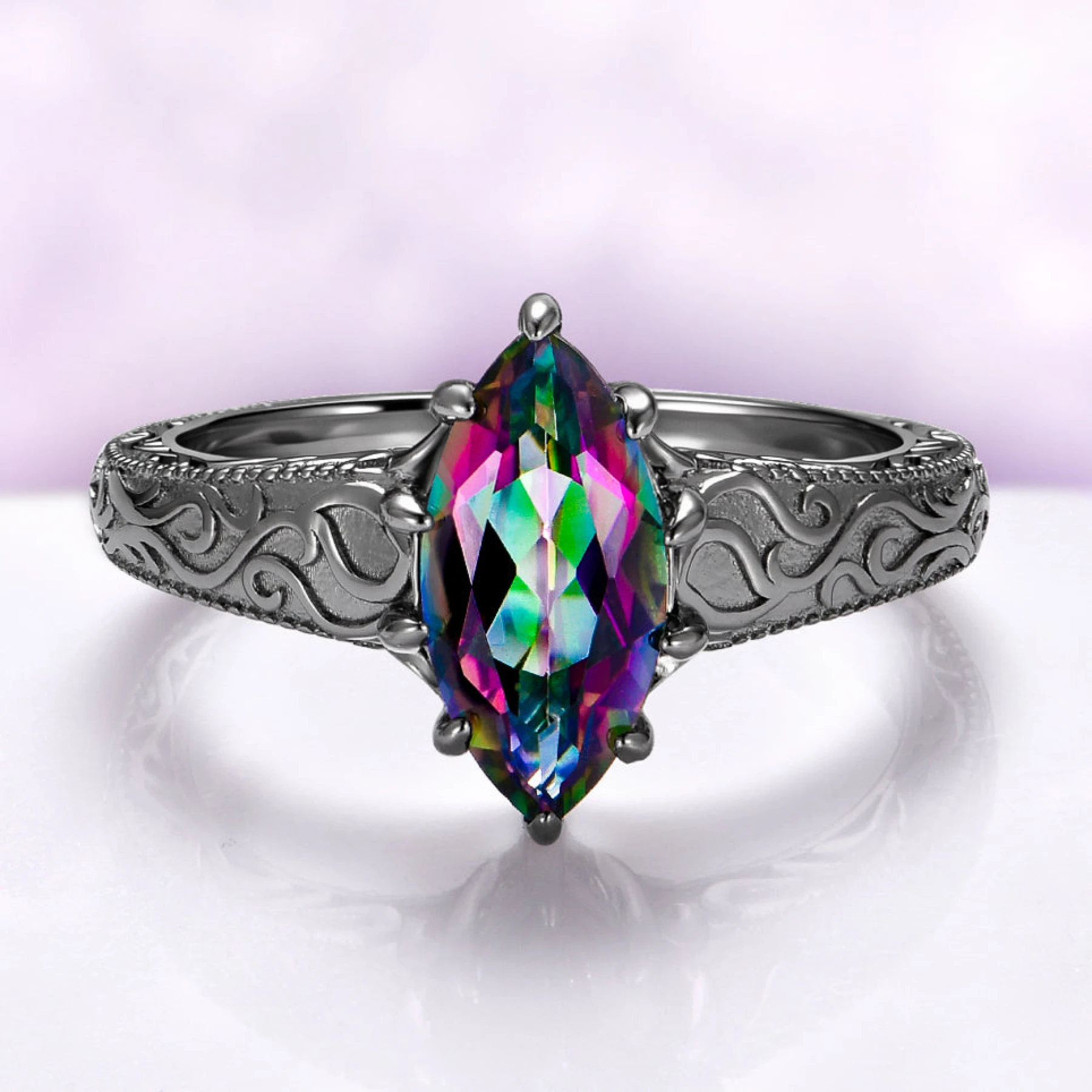 Victorian Gothic Mystic Topaz Filigree Engagement Ring in Black Ruthenium - view 1