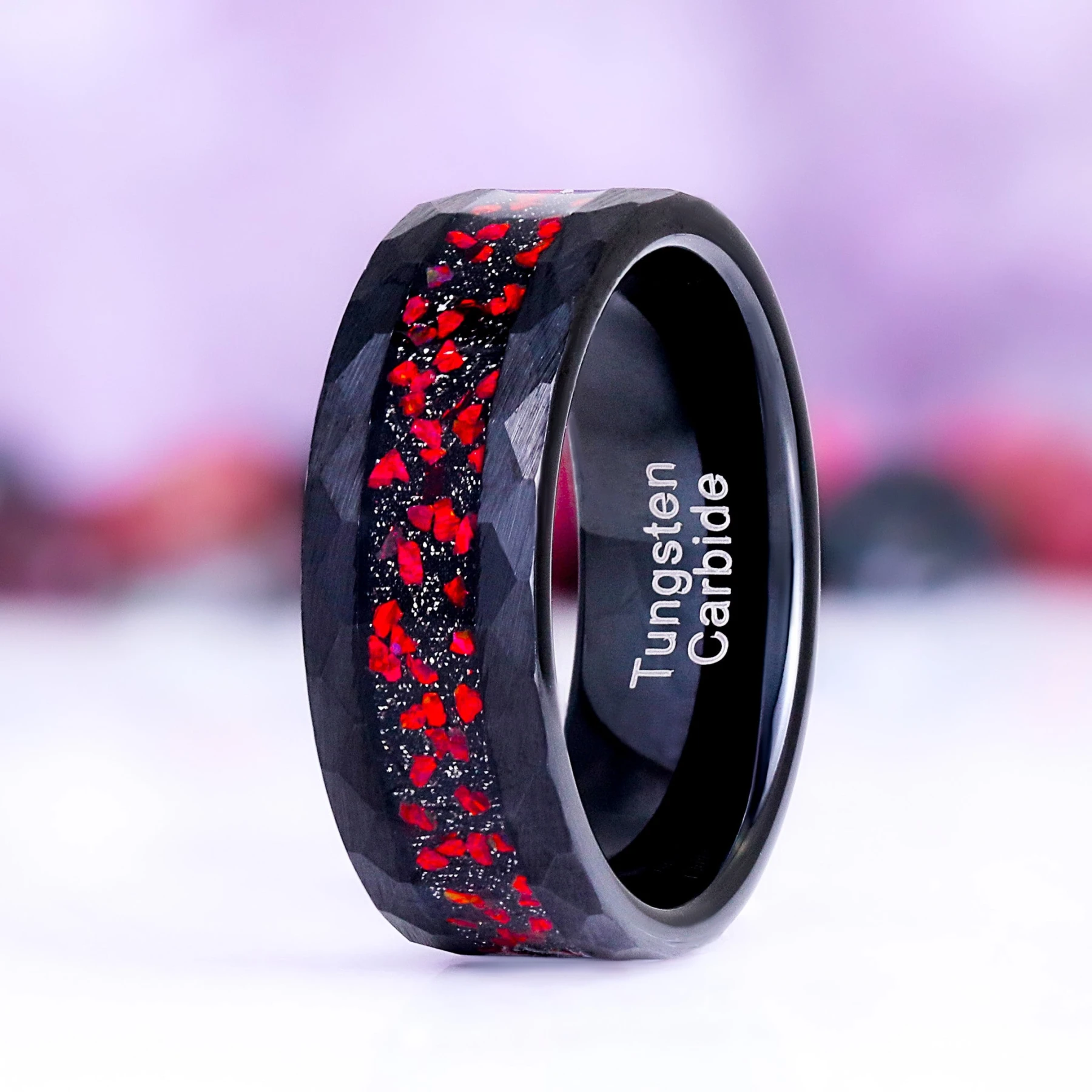 Galaxy Red Fire Opal Hammered Men's Wedding Band in Black Tungsten (8mm)