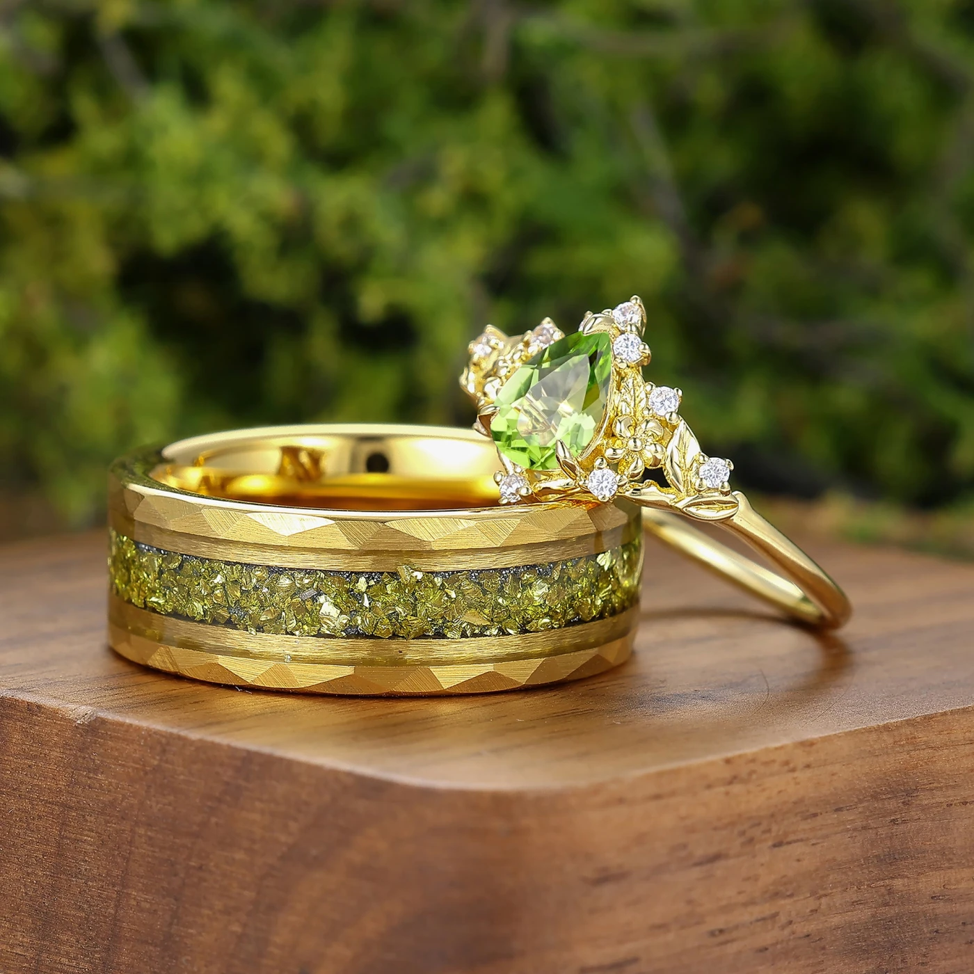 Floral Leaf Engraved Peridot Couple Rings August Birthstone Gold Plated His And Hers Rings - view 3