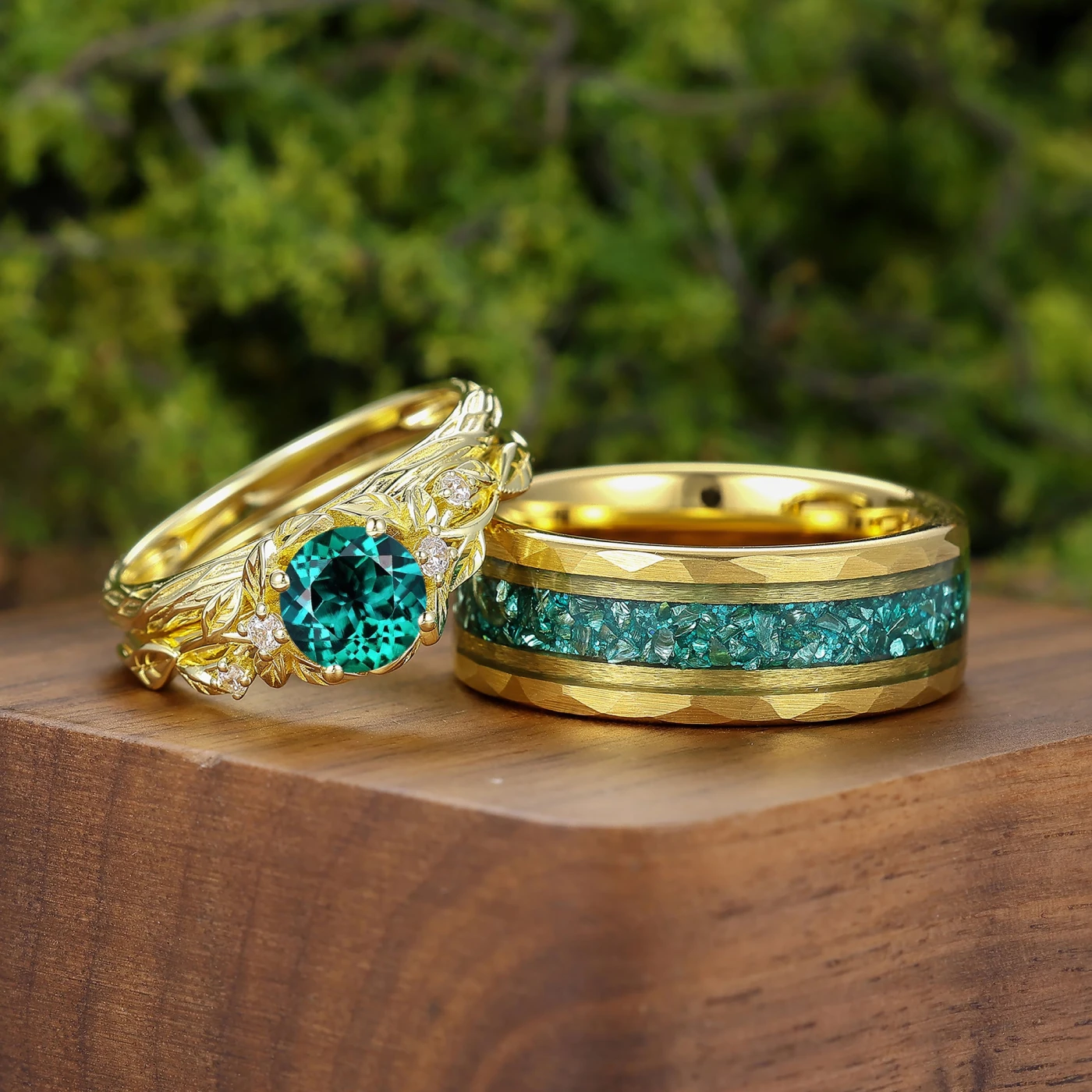 Vine Branch Design Round Emerald Couple Rings May Birthstone Gold
