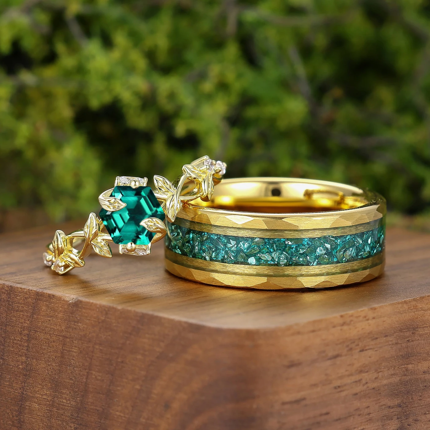 Unique Leaf Motif Prong Setting Hexagon Emerald Couple Rings S925