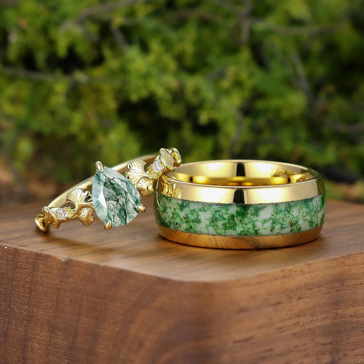 Ginkgo Branch Inspired Moss Agate His And Hers Ring Set Yellow Plated