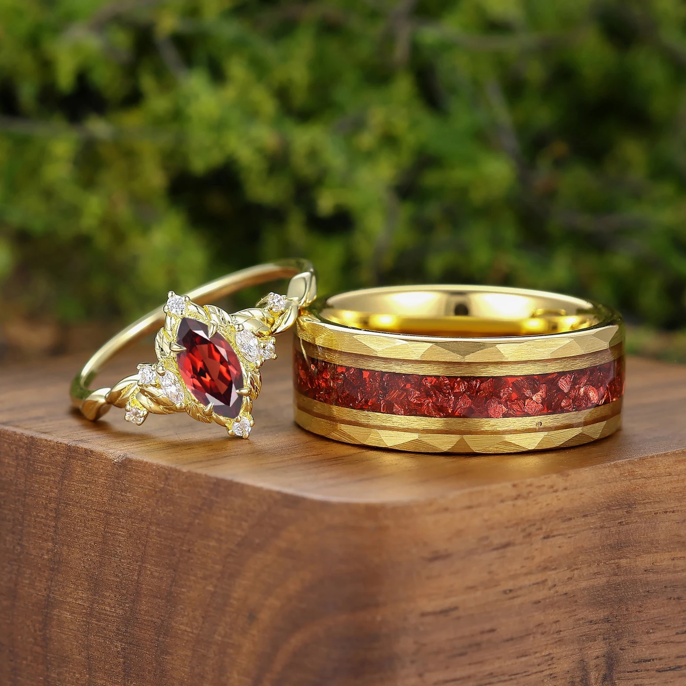 Romantic Red Garnet 2pc Matching Ring Set Leaf Style Silver And