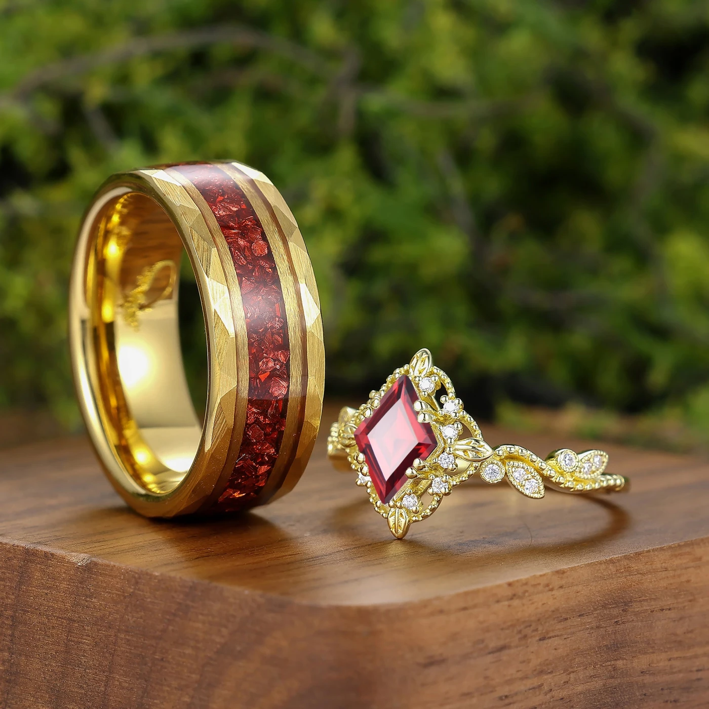 Vintage Milgrained Red Garnet Matching Rings Set For Couples Yellow Gold Plated Marriage Ring Set - view 2