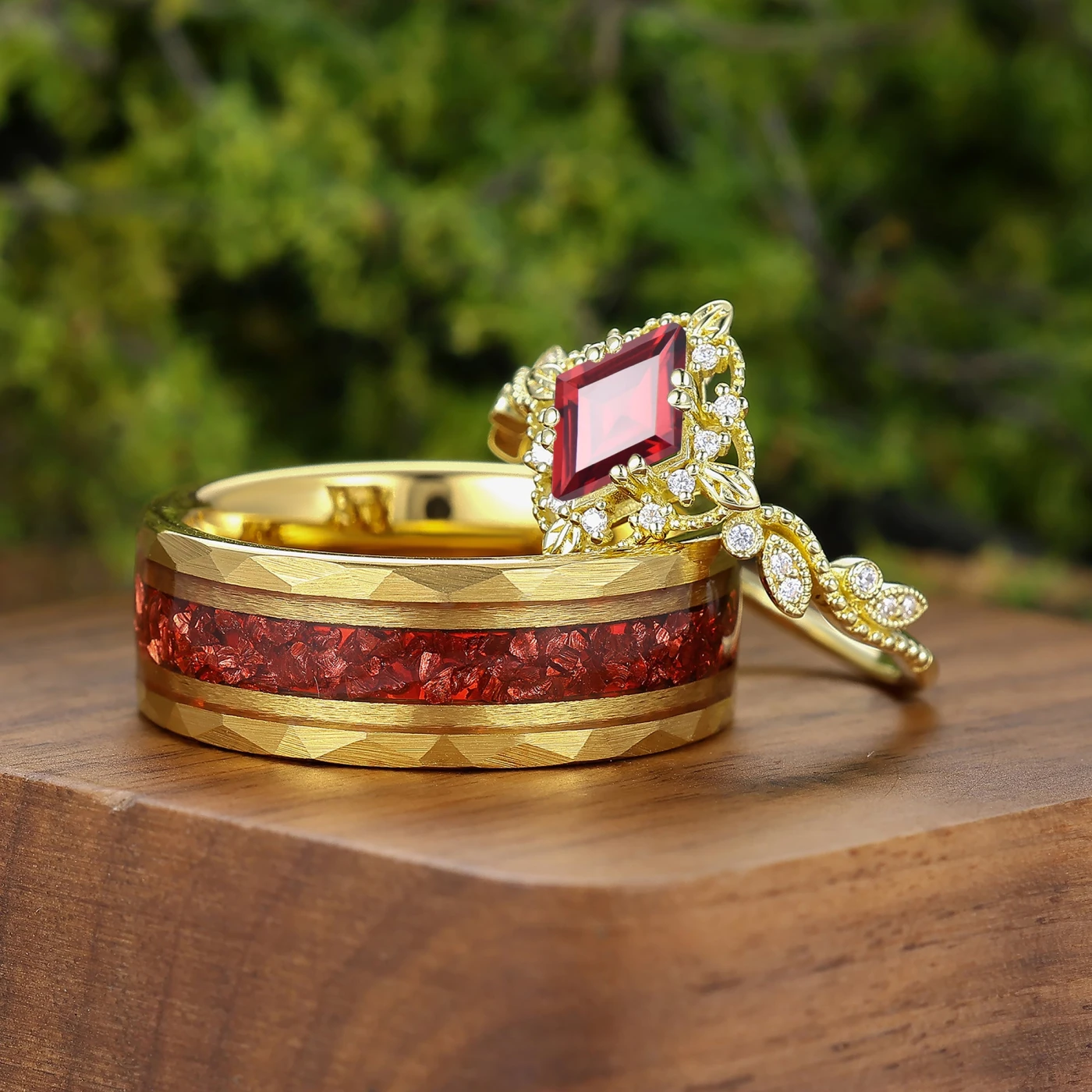 Vintage Milgrained Red Garnet Matching Rings Set For Couples Yellow Gold Plated Marriage Ring Set - view 4
