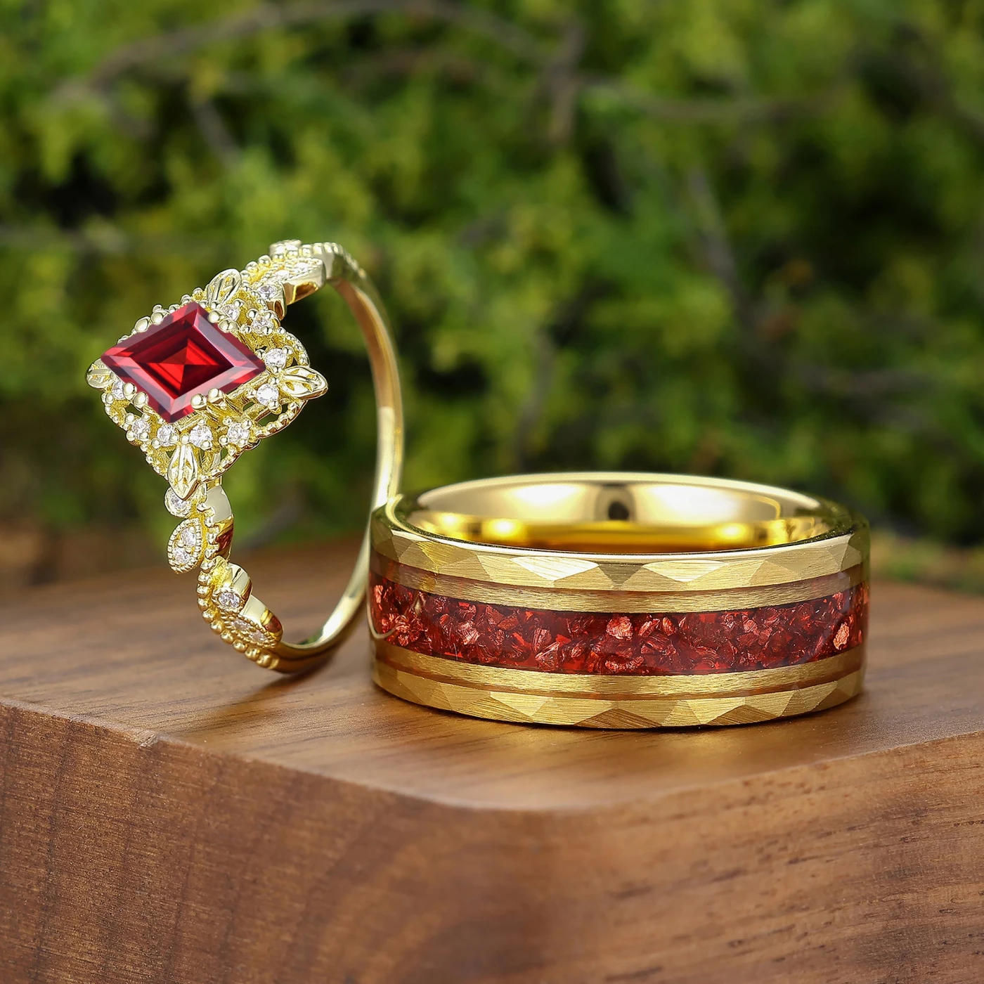 Vintage Milgrained Red Garnet Matching Rings Set For Couples Yellow Gold Plated Marriage Ring Set - view 3
