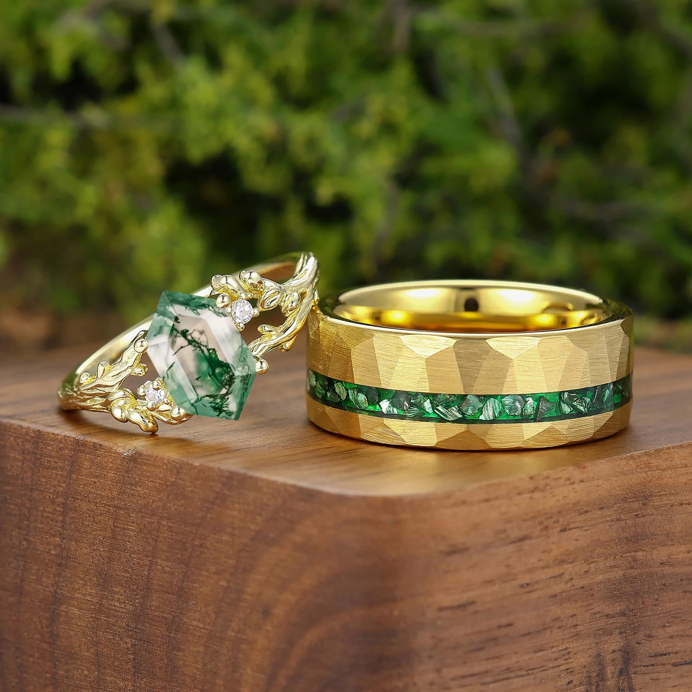 Nature-inspired Branch Moss Agate Marriage Ring Set Tungsten And S925 Couple Rings