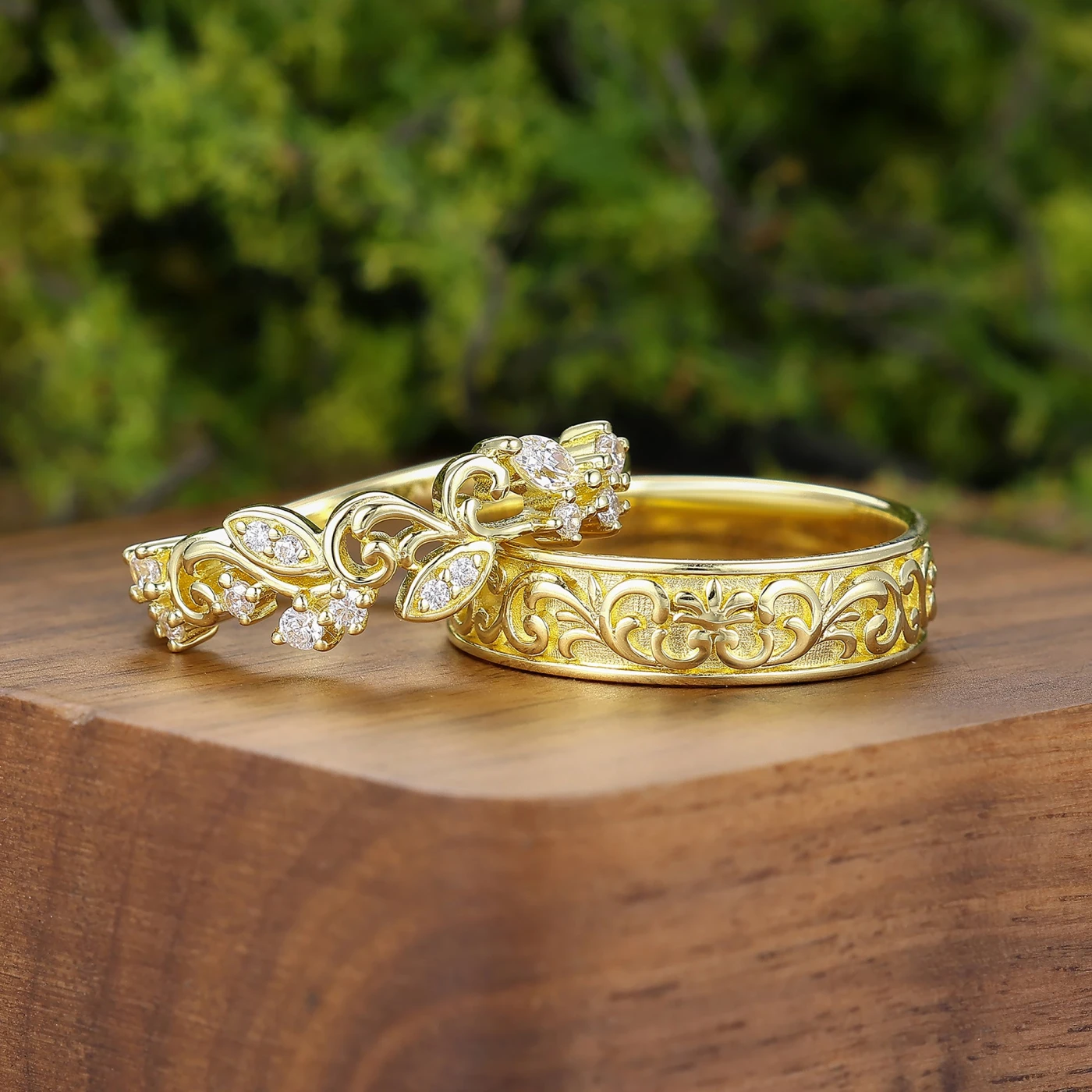 Moissanite Filigree Couple Ring Set 2pcs Yellow Gold Handmade