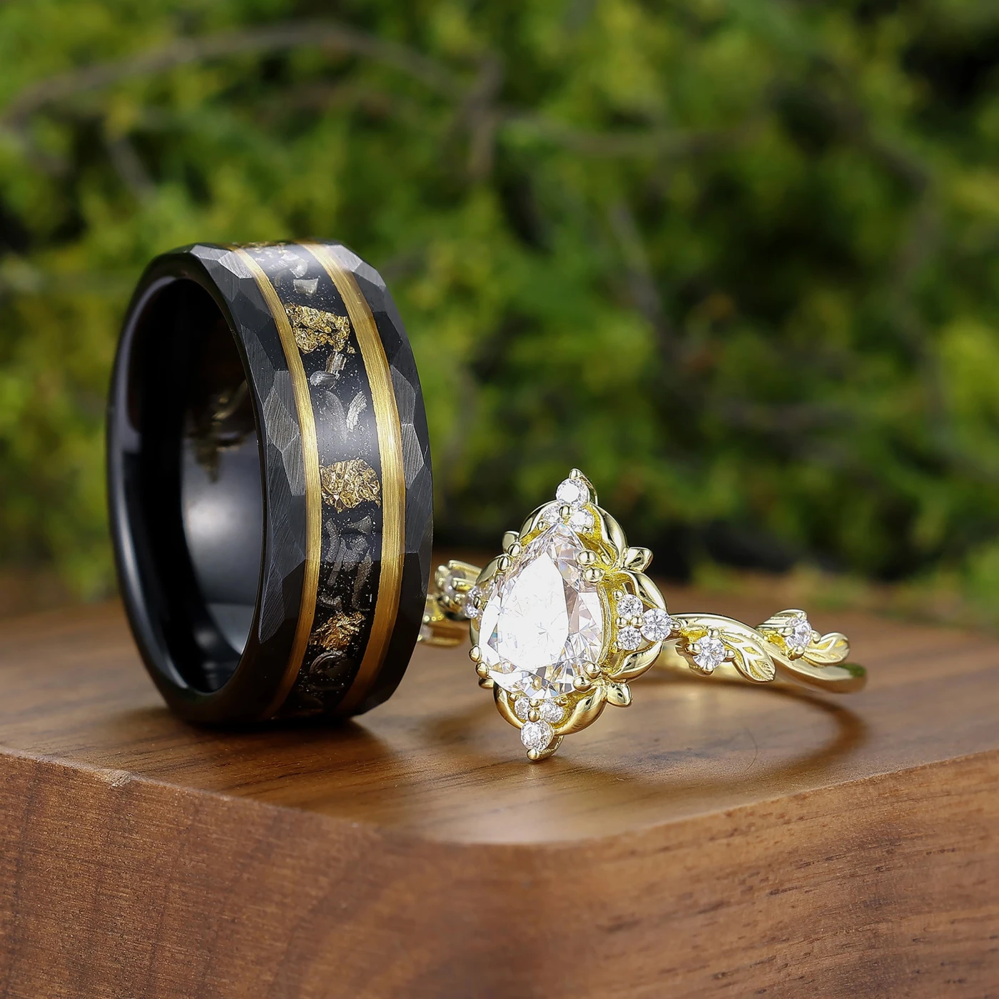 Natural Inspired 1.3CT Pear Moissanite Couple Rings Silver And Tungsten His And Hers Ring Set - view 2