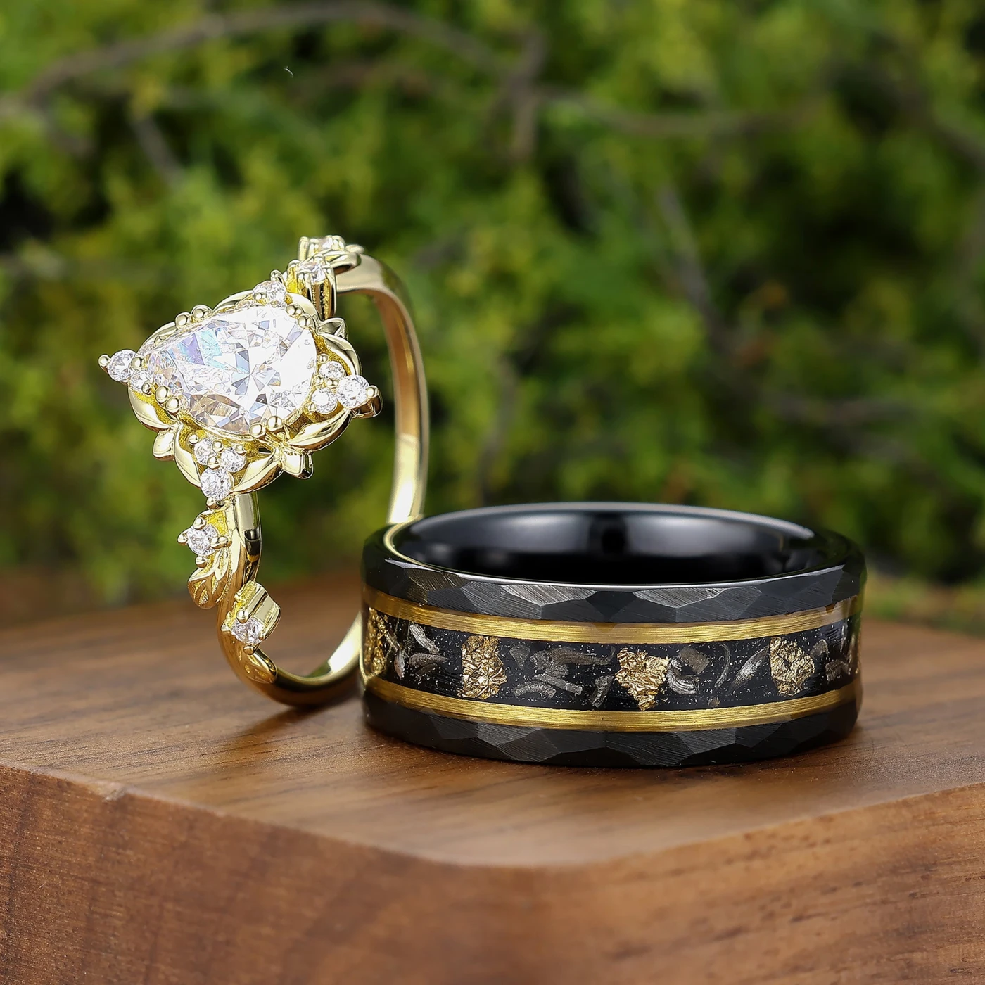Natural Inspired 1.3CT Pear Moissanite Couple Rings Silver And Tungsten His And Hers Ring Set - view 3