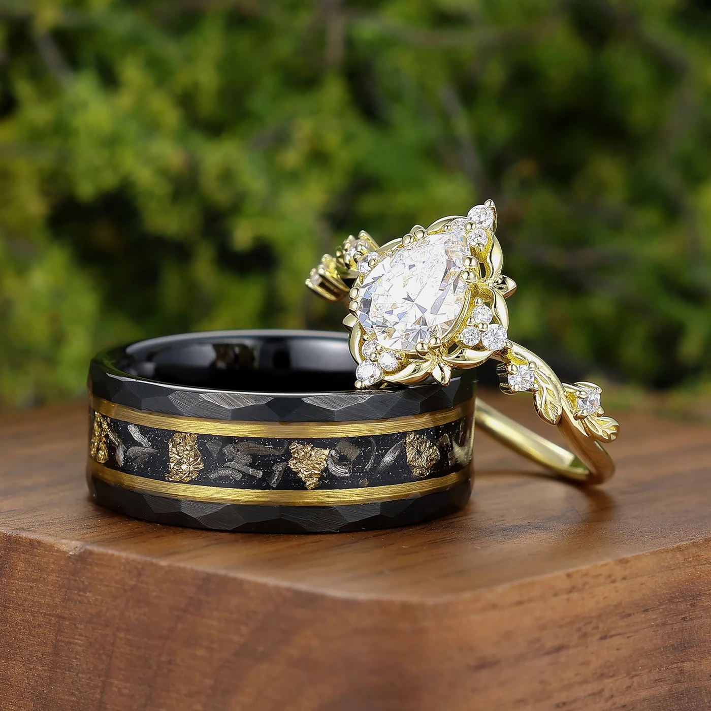 Natural Inspired 1.3CT Pear Moissanite Couple Rings Silver And Tungsten His And Hers Ring Set - view 4
