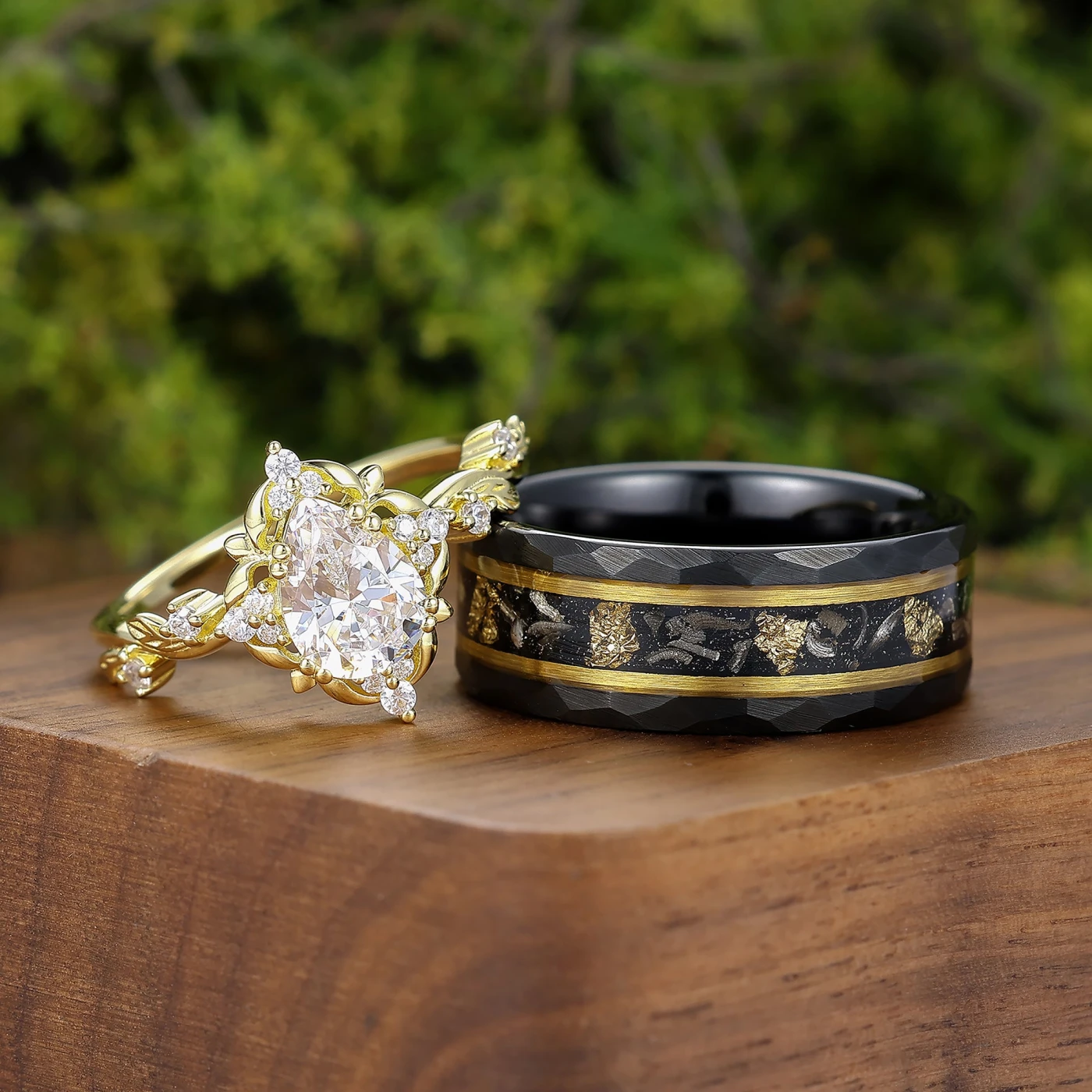 Natural Inspired 1.3CT Pear Couple Rings Silver And Tungsten His And Hers Ring Set
