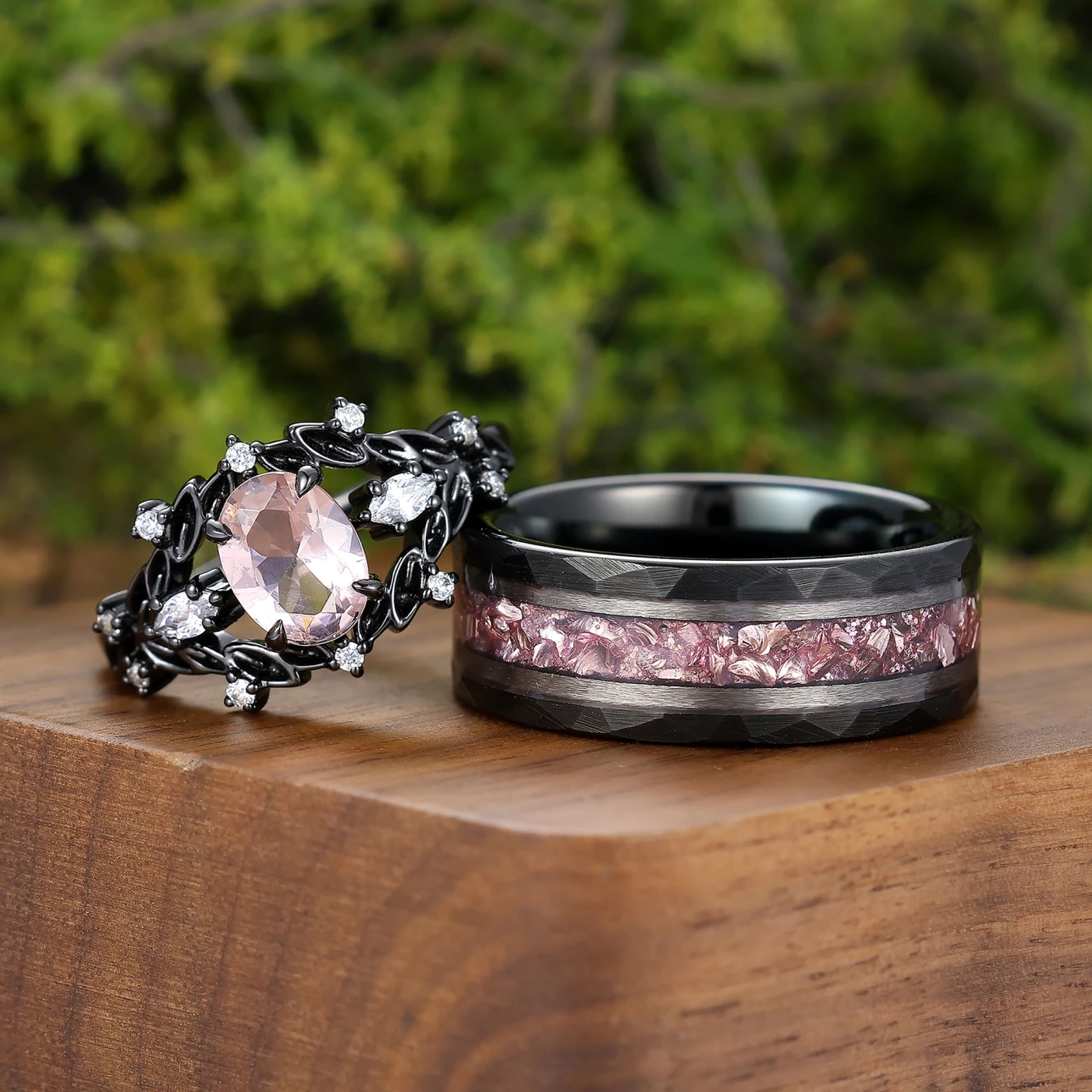 2pcs Leaf Style Pink Morganite Couple Rings S925 And Tungsten