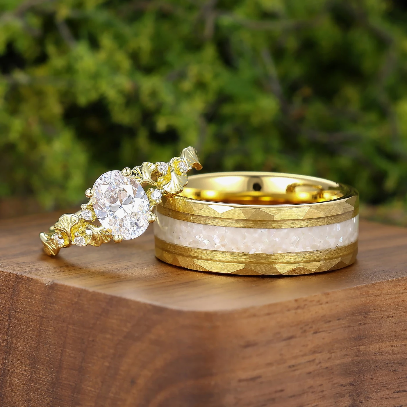 Ginkgo Leaf Carved Band Marriage Ring Set Silver And Pearl Tungsten Couple Rings