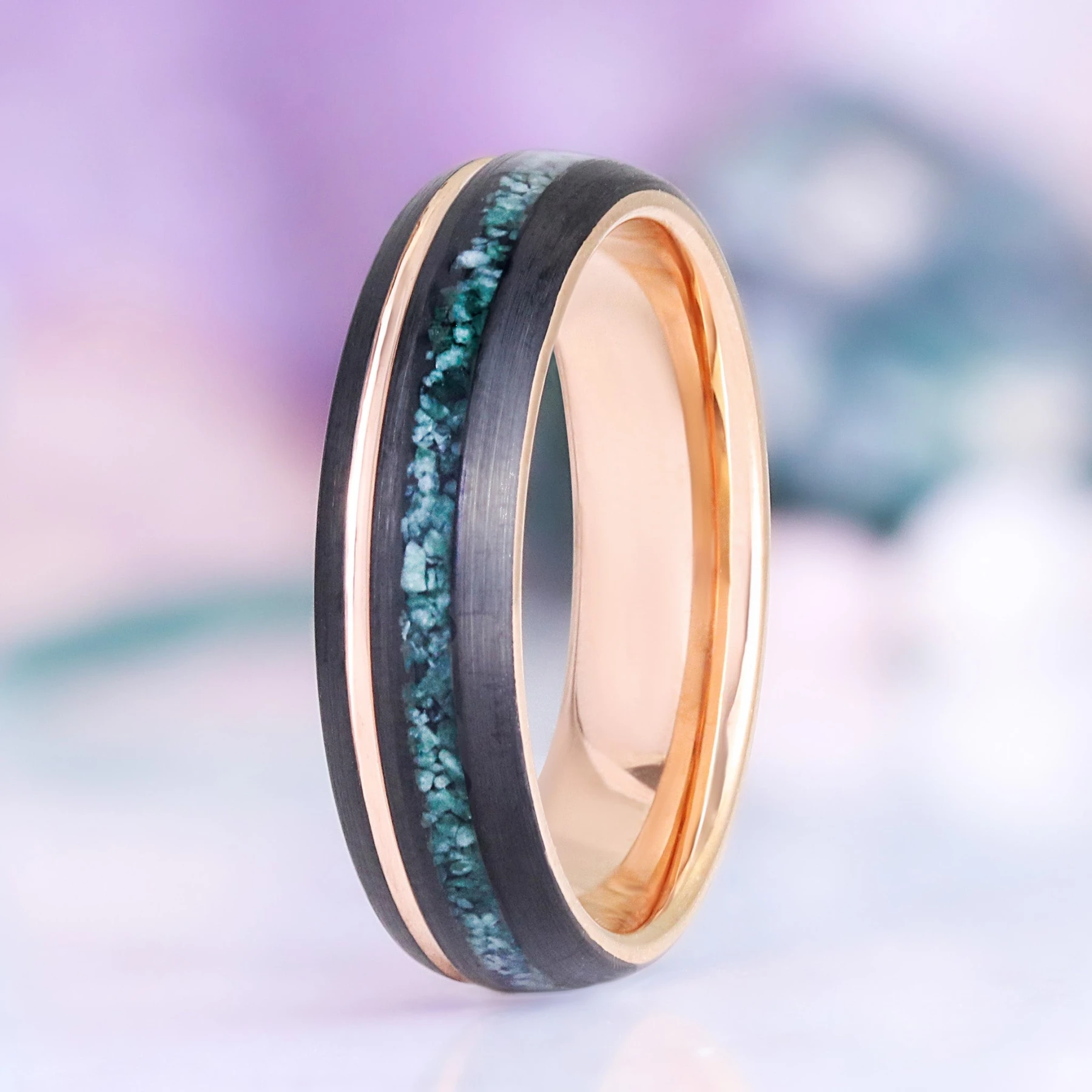 Moss Agate Women's Wedding Band in Black/Rose Gold Tungsten (6mm)
