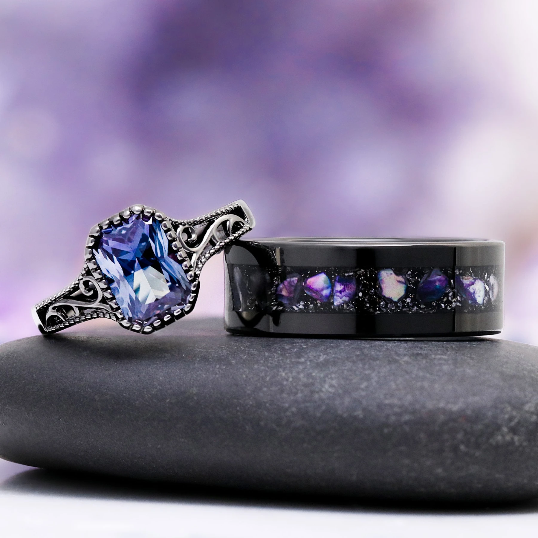 Alexandrite, Meteorite & Black Mother of Pearl Couple Ring