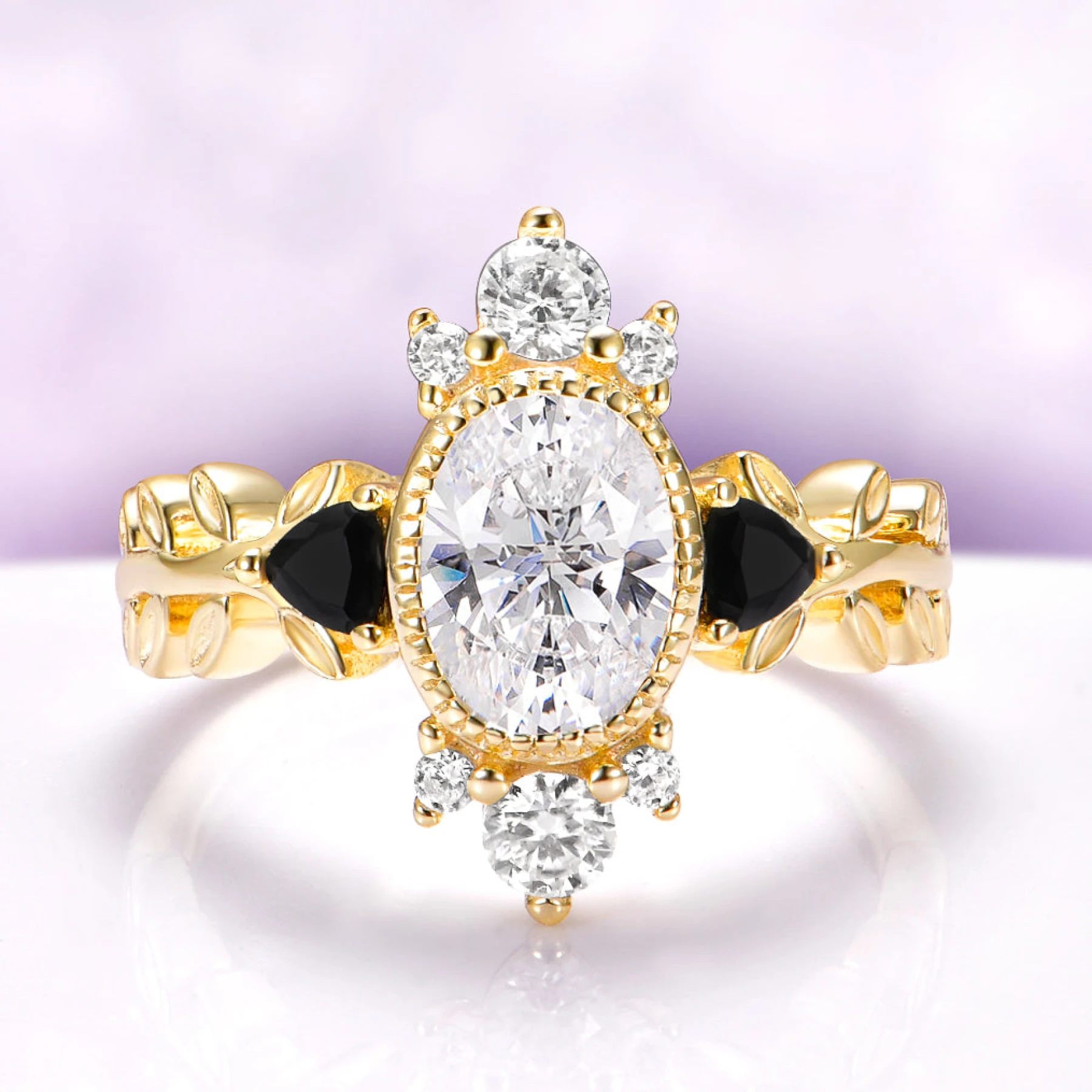 Aurelia Moissanite & Black Onyx Engagement Ring in Solid 14K Yellow Gold - view 1