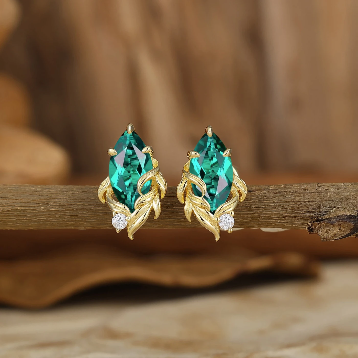 Nature Vines Inspired Marquise Stud Earrings Leaf Sprig Cluster April