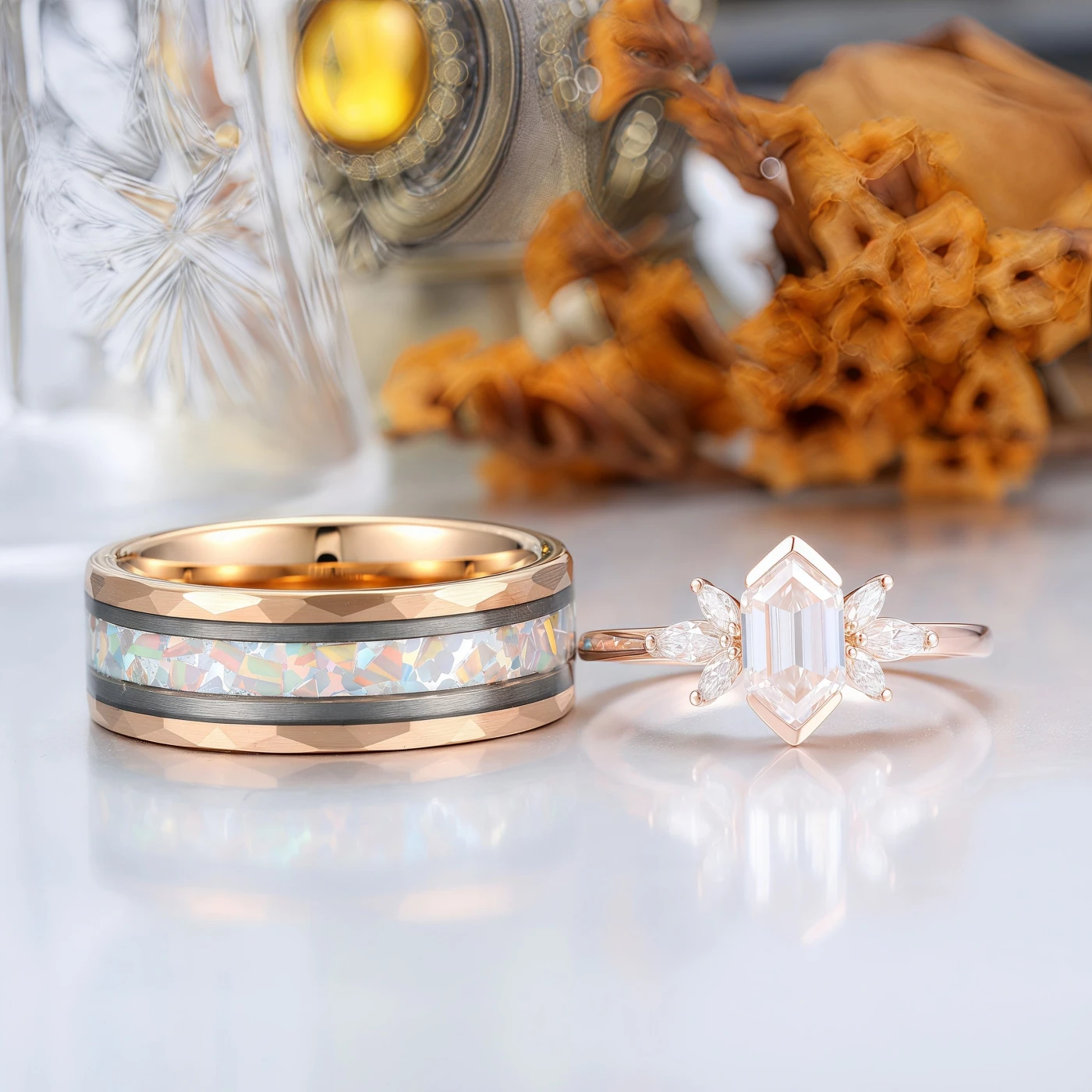 Minimalist Long Hexagon Moissanite Matching Rings Tungsten and Couple Rings