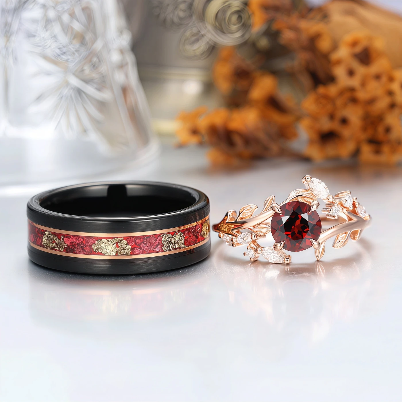 Natural Leaf Inspired Round Cut Natural Red Garnet Couple Rings
