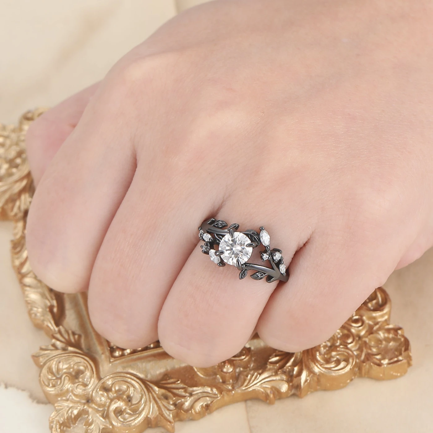 Wrapped Leaf Style Round Moissanite His and Hers Rings Black Rutilated Quartz Tungsten Ring Set - view 6