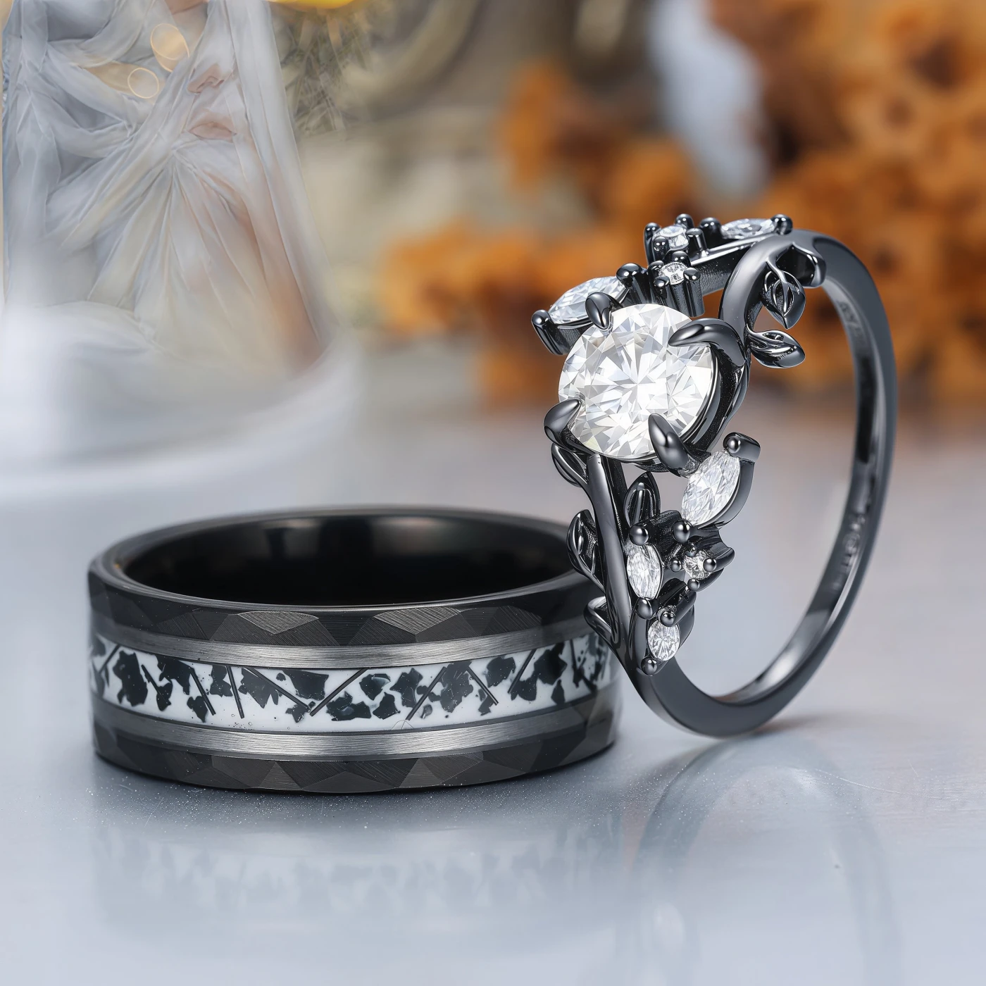Wrapped Leaf Style Round Moissanite His and Hers Rings Black Rutilated Quartz Tungsten Ring Set - view 4