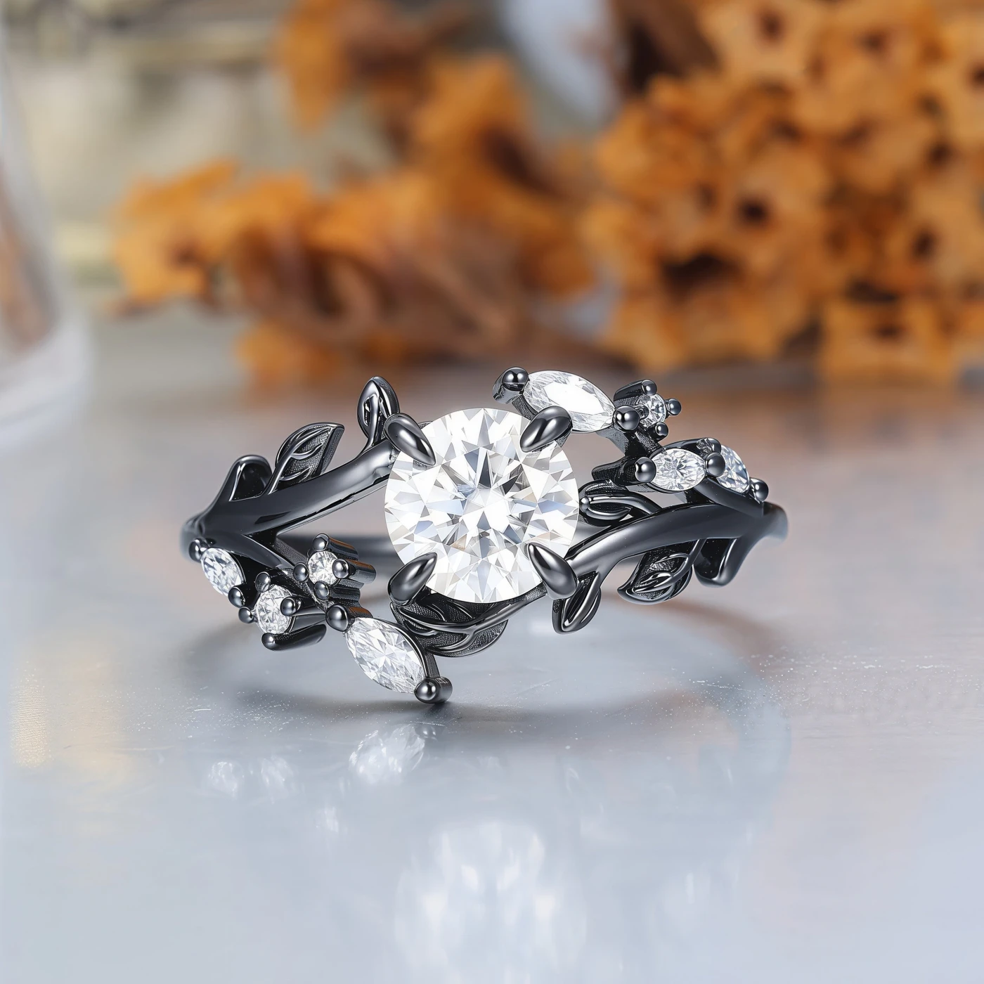Wrapped Leaf Style Round Moissanite His and Hers Rings Black Rutilated Quartz Tungsten Ring Set - view 2
